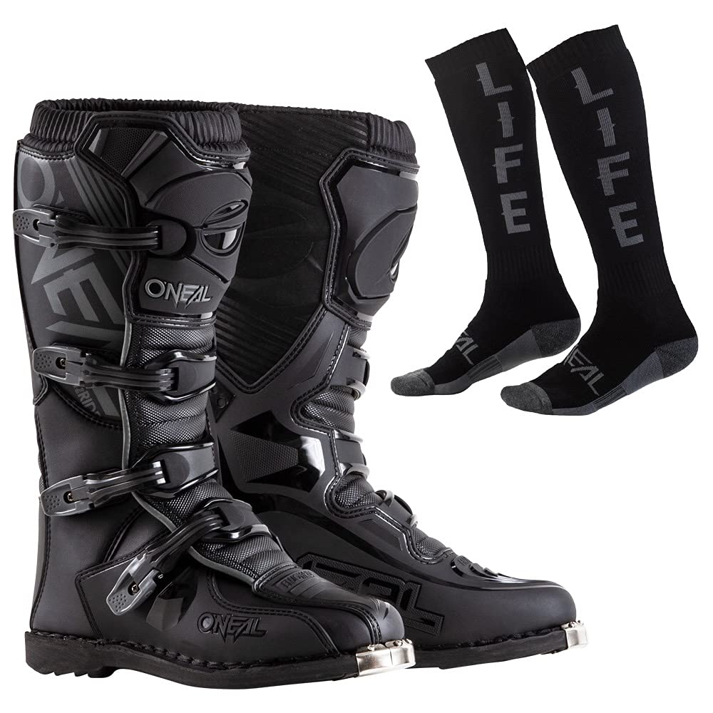 Oneal Element Motorcycle Boots & MX Socks Combo - Black, Size 14 - Durable Riding Gear for Motocross & Off-Road Adventures