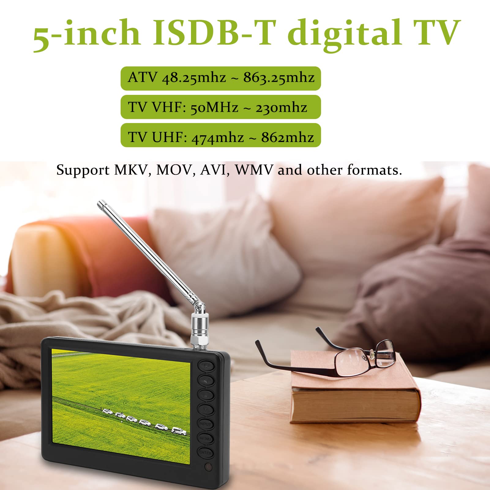 5 Inch Portable Digital TV - Rechargeable 1080P Mini TV with USB Plug & TF Card Slot | Perfect for Car, Travel, Kitchen, Camping & Outdoor Activities