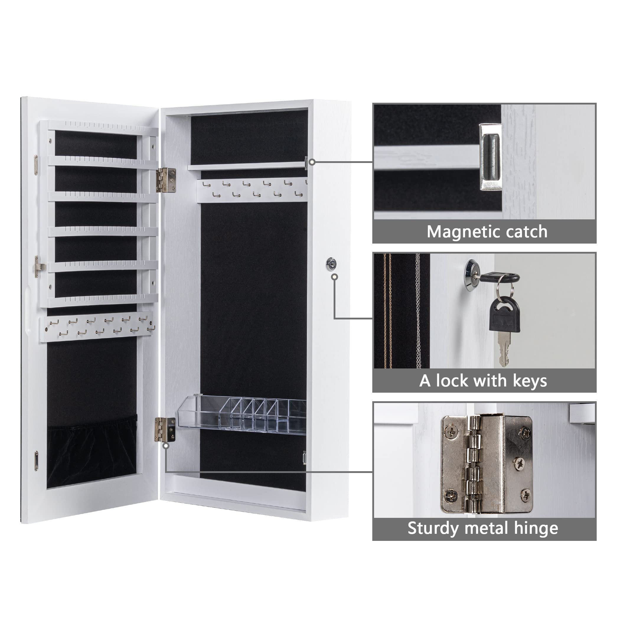 LAVIEVERT Lockable Jewelry Cabinet with Frameless Mirror - Wall/Door Mounted Space Saving Jewelry Organizer with Lipstick Compartments, White | Perfect for Bedroom, Closet & Dressing Room Organization