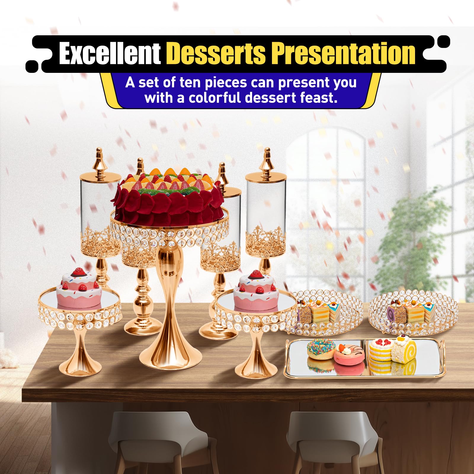TFCFL 10-Piece Gold Crystal Cake Stand Set - Elegant Cupcake & Cookie Holder for Dessert Display, Baby Shower, Wedding, Birthday Party Decorations | Perfect for Home Celebration & Buffet Table Decor