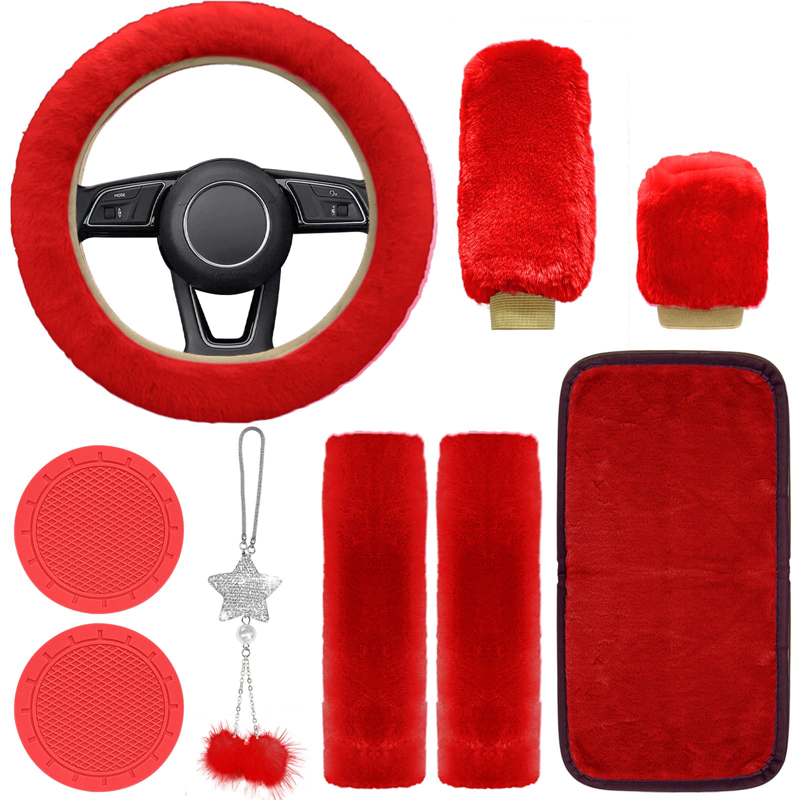 Fluffy Car Accessories Set - 9PCS Soft Fleece Steering Wheel Cover for Women, Non-Slip Warm Car Decor for Winter Driving