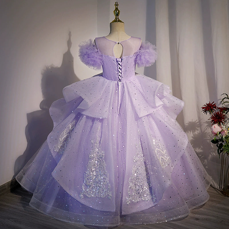 Lilac Princess Round Floor Length Tulle Flower Girl Dress for Weddings, Baptisms & Special Occasions