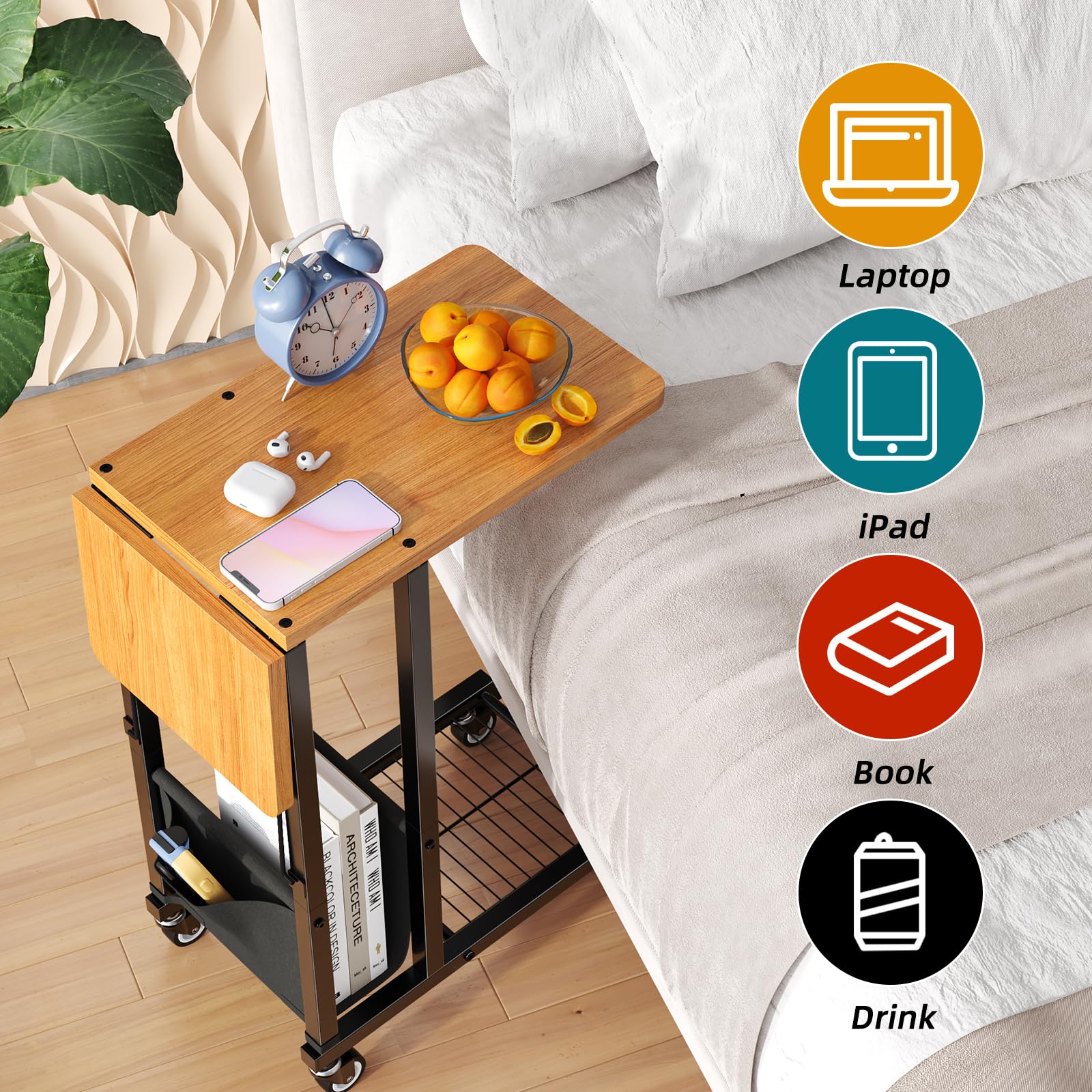 Trending C-Shaped End Table with Wheels - Foldable Small Side Table for Sofa, Couch & TV Tray - Black - Perfect for Living Room, Bedroom & Office Use