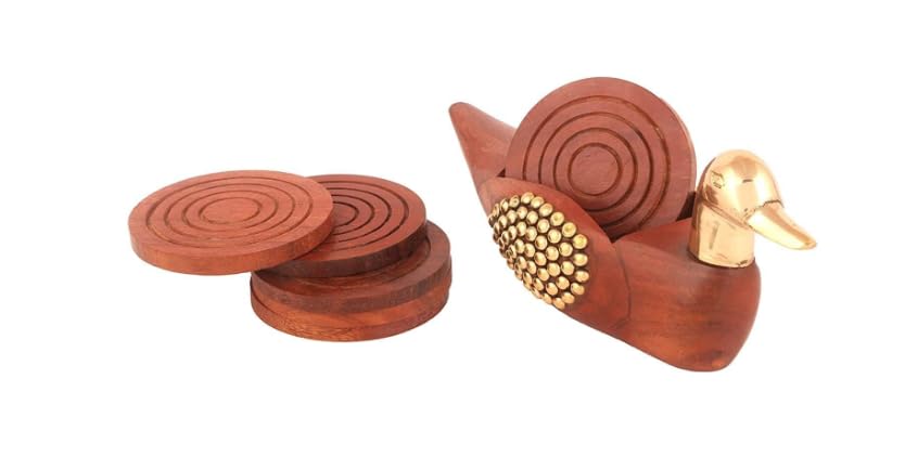 SHAMSI ARTS 6-Piece Wooden & Brass Duck Coaster Set for Dining Table, Coffee Mugs, Beer Cans, Bar Glasses – Elegant Tea Cup Coasters with Stand in Brown | Perfect for Home Decor, Kitchen, Office & Gift Giving