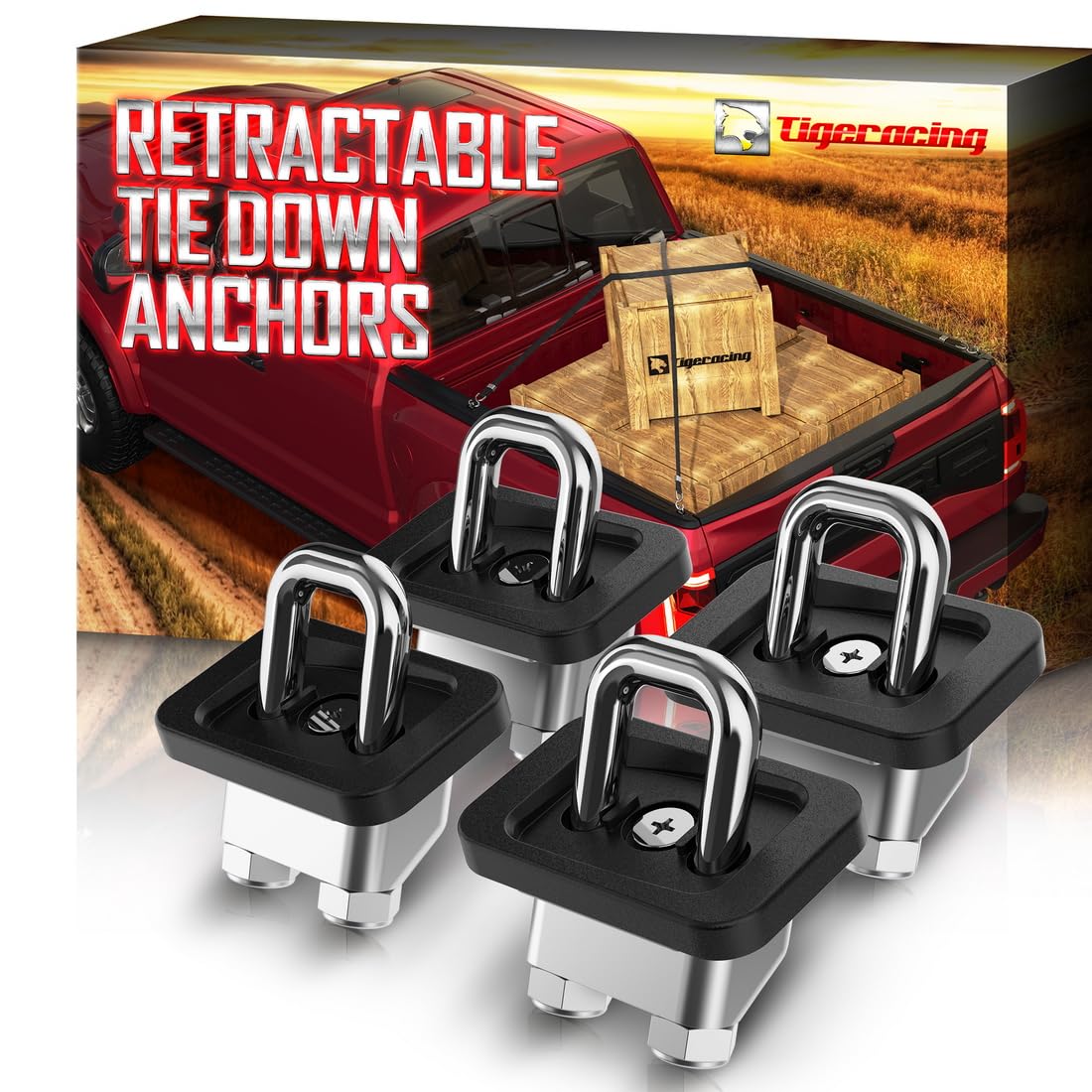 Retractable Truck Bed Tie Down Anchors - Heavy Duty 3000 LBS Capacity All Metal D-Ring (4 Pack) - Perfect for Securing Cargo in Pickup Trucks & Trailers