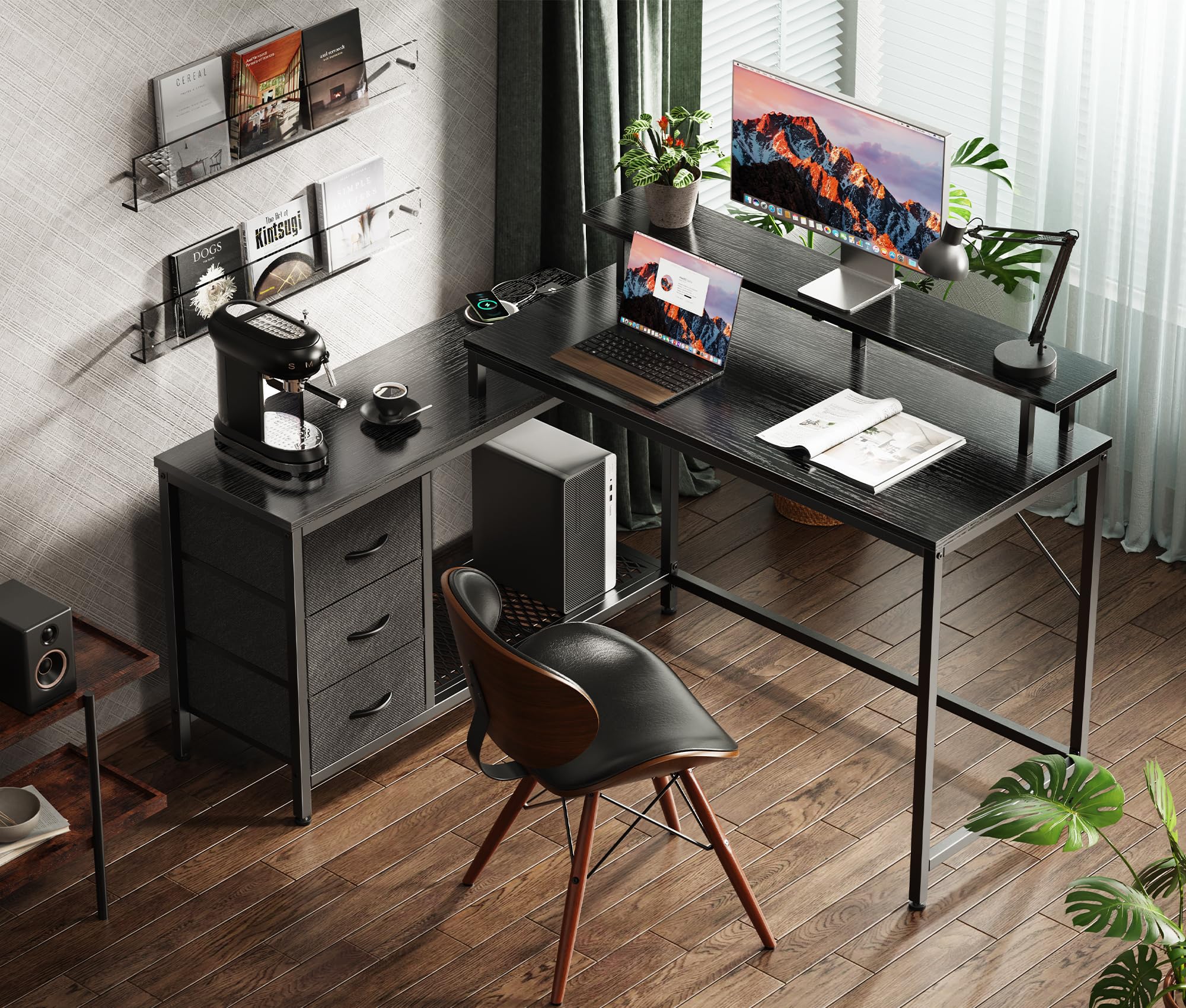 Huuger Reversible L-Shaped Computer Desk with Drawers & LED Lights - Gaming Desk with Power Outlets & Storage Shelves - Ergonomic Home Office Desk for Work & Study (Black) - Perfect for Small Spaces & Multi-Monitor Setups