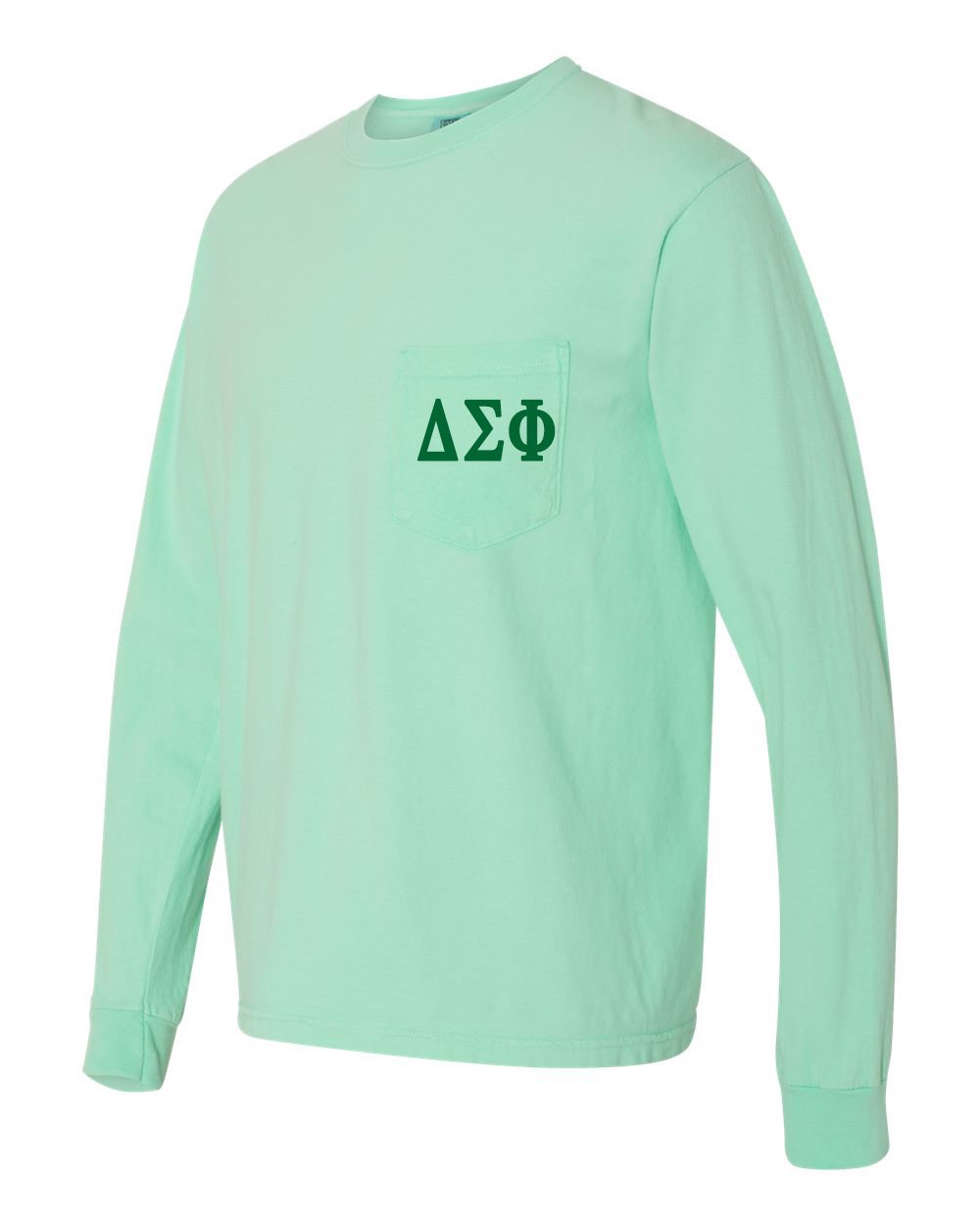 Delta Sigma Phi Fraternity Comfort Colors Pocket Long Sleeve Shirt - Soft Cotton Crewneck Pullover for College Greek Life, Brotherhood Events & Campus Activities