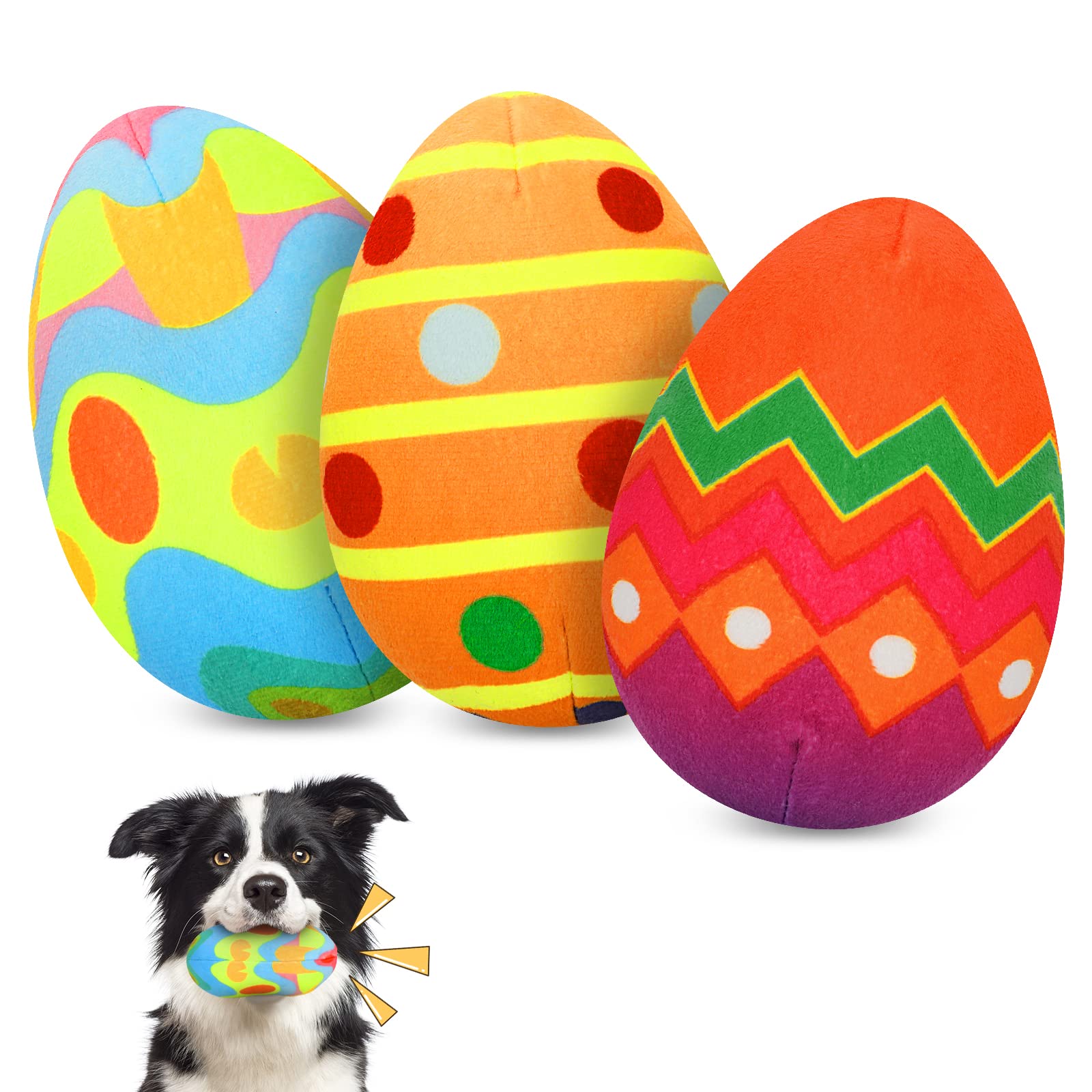 YUEPET 3 Pack Easter Egg Dog Chew Toys - Squeaky Plush Puppy Toys for Small & Medium Dogs, Teeth Cleaning & Anxiety Relief - Perfect Easter Gift for Puppies (3 Eggs) | Great for Playtime, Training Rewards & Holiday Gifting
