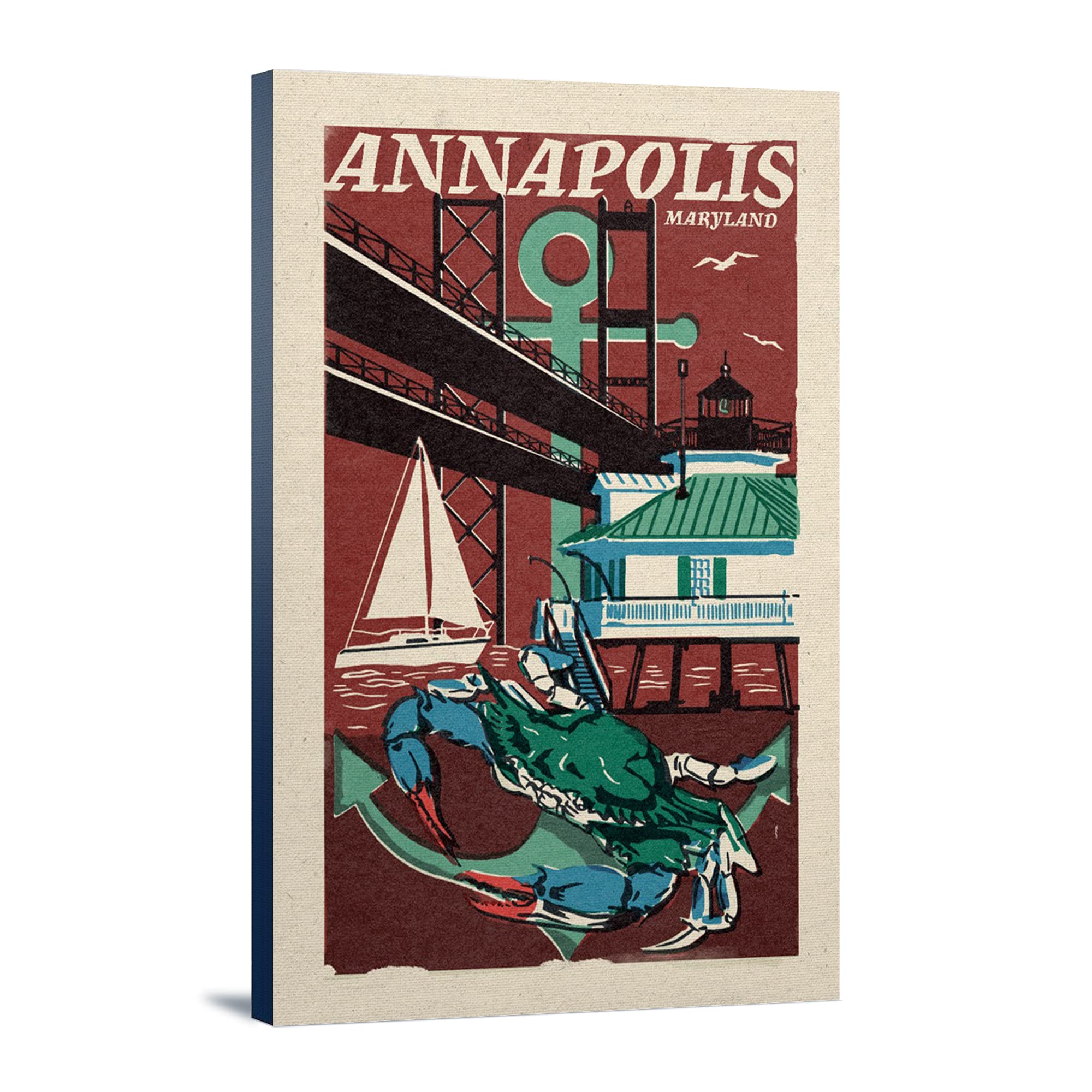 Lantern Press Annapolis Maryland Woodblock Art - 16x24 Wrapped Canvas Wall Decor - Coastal Home & Office Decoration for Living Room, Bedroom or Gift