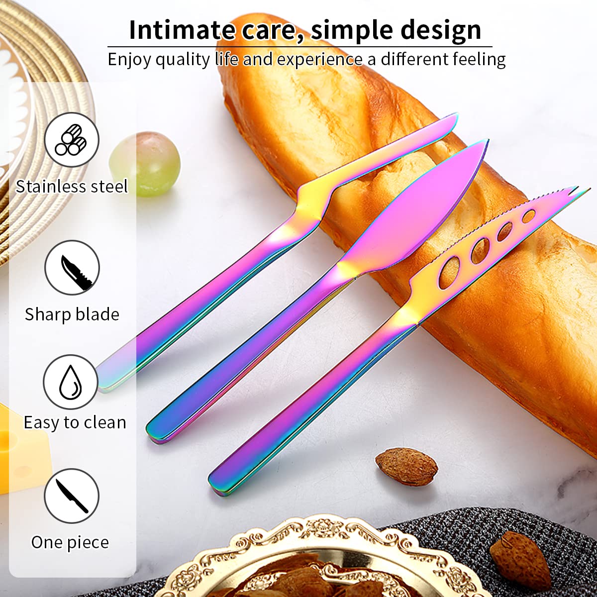 Kyraton 3-Piece Rainbow Cheese Knife Set - Ergonomic Titanium Plated Cheese Slicer, Butter Knife & Cheese Cutter for Hard & Soft Cheeses - Perfect for Charcuterie Boards, Wine Parties & Gourmet Cooking