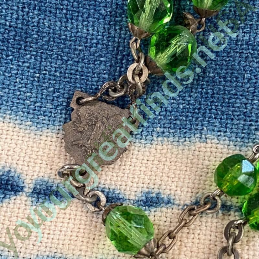 Vintage 7 Up Green Faceted Glass Bead Rosary - Antique Style Catholic Prayer Beads with Patina Finish for Collectors & Religious Devotion