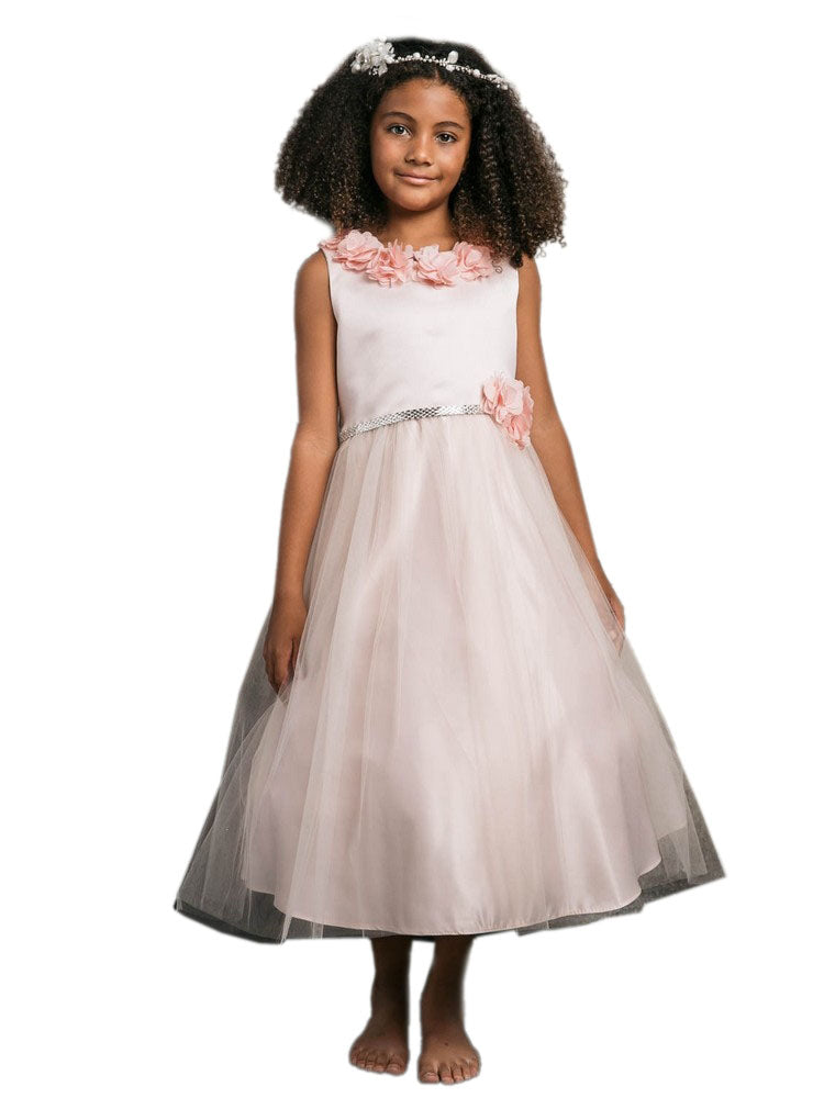 Big Girls Blush 3D Flower Neckline Rhinestone Belt Dress Sizes 8-16 | Elegant Party Gown for Prom, Wedding & Special Occasions