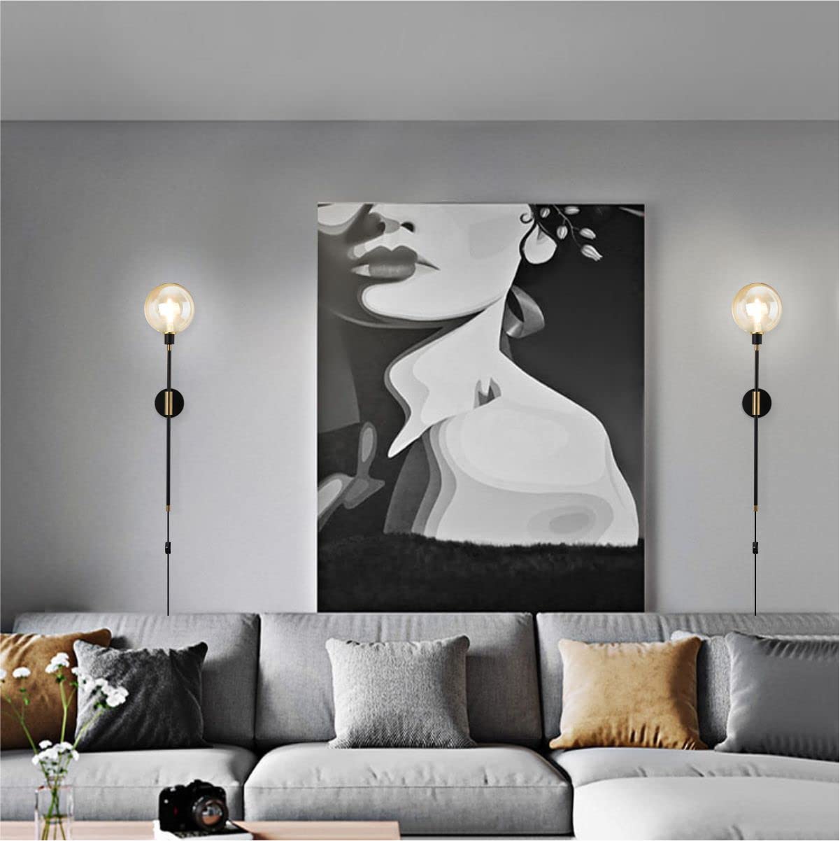 KCO Black Modern 1-Light Plug-in Wall Sconce with On/Off Switch & Long Arm Glass Shade - Amber Wall Lamp for Bedroom, Living Room, Kitchen & Hallway (2-Pack) | Perfect for Ambient Lighting & Space-Saving Wall Decor