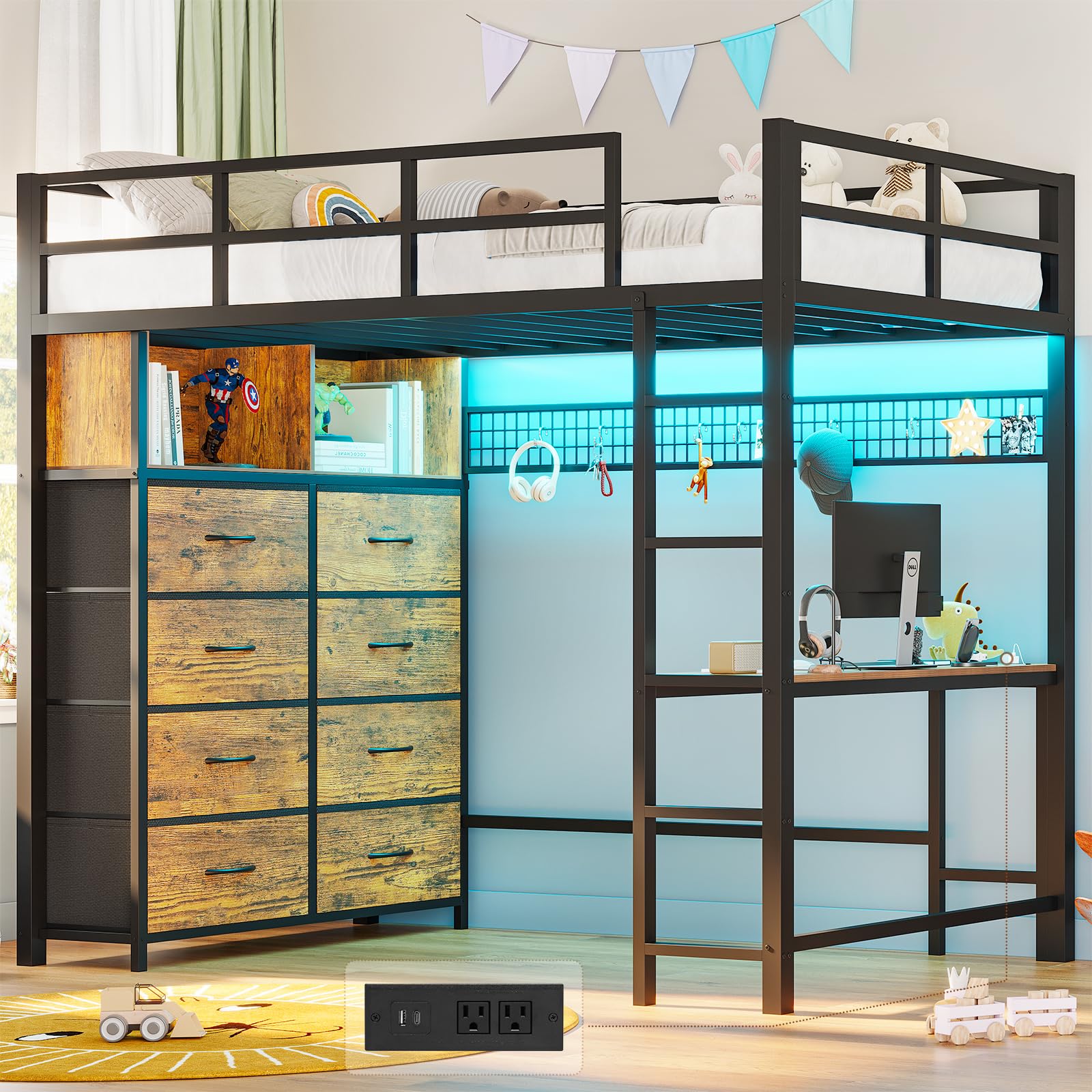 ADORNEVE Twin Size Loft Bed with Desk & 8 Storage Drawers - Metal Bunk Bed with LED Lights, USB Charging Station & Shelves - 13.1