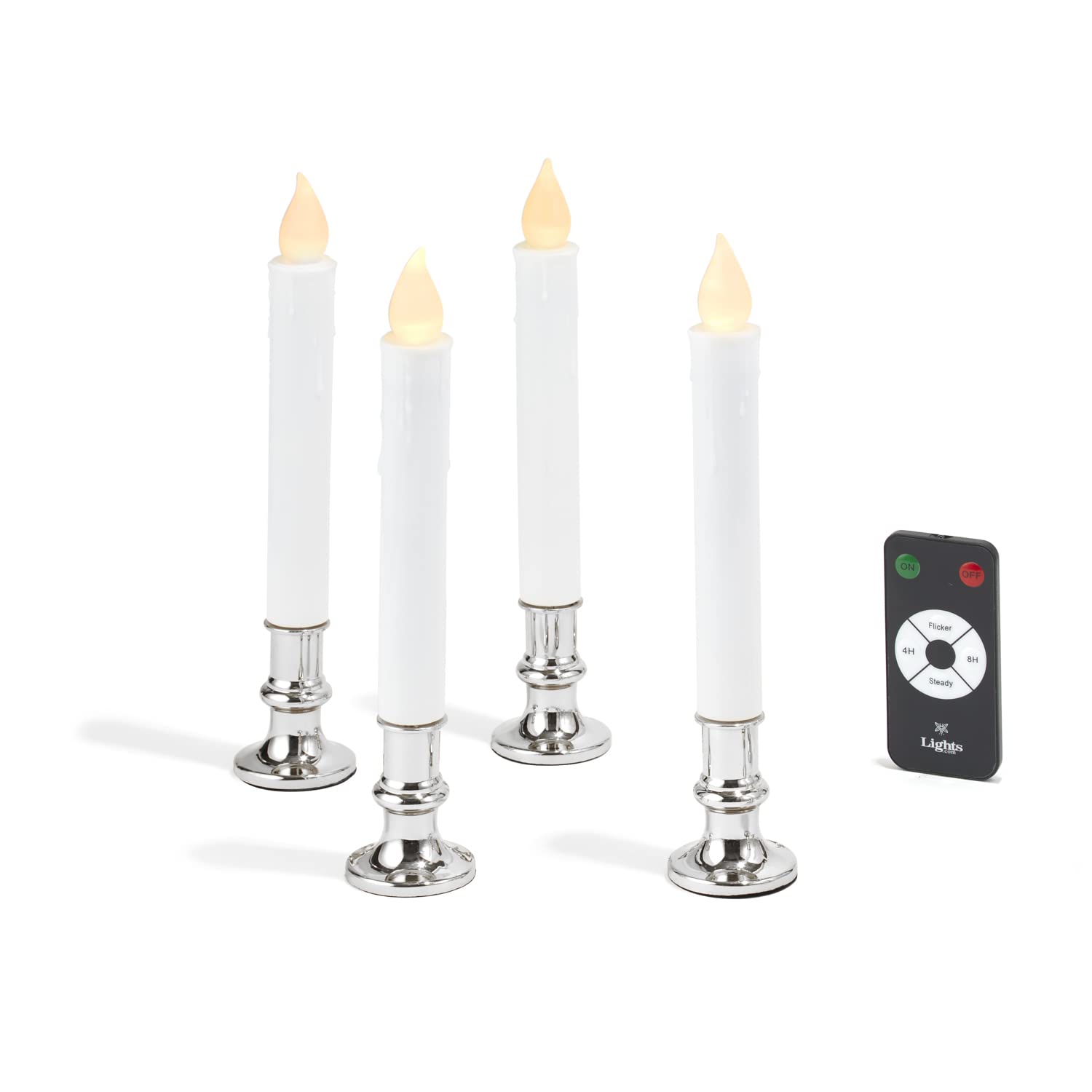 Flameless LED Window Candles - Set of 4 with Silver Holder, Auto Timer & Remote Control | 7 Inch Battery Operated Taper Candles with Flickering Light & Suction Cups | Perfect for Christmas Decor, Home Ambiance & Holiday Lighting