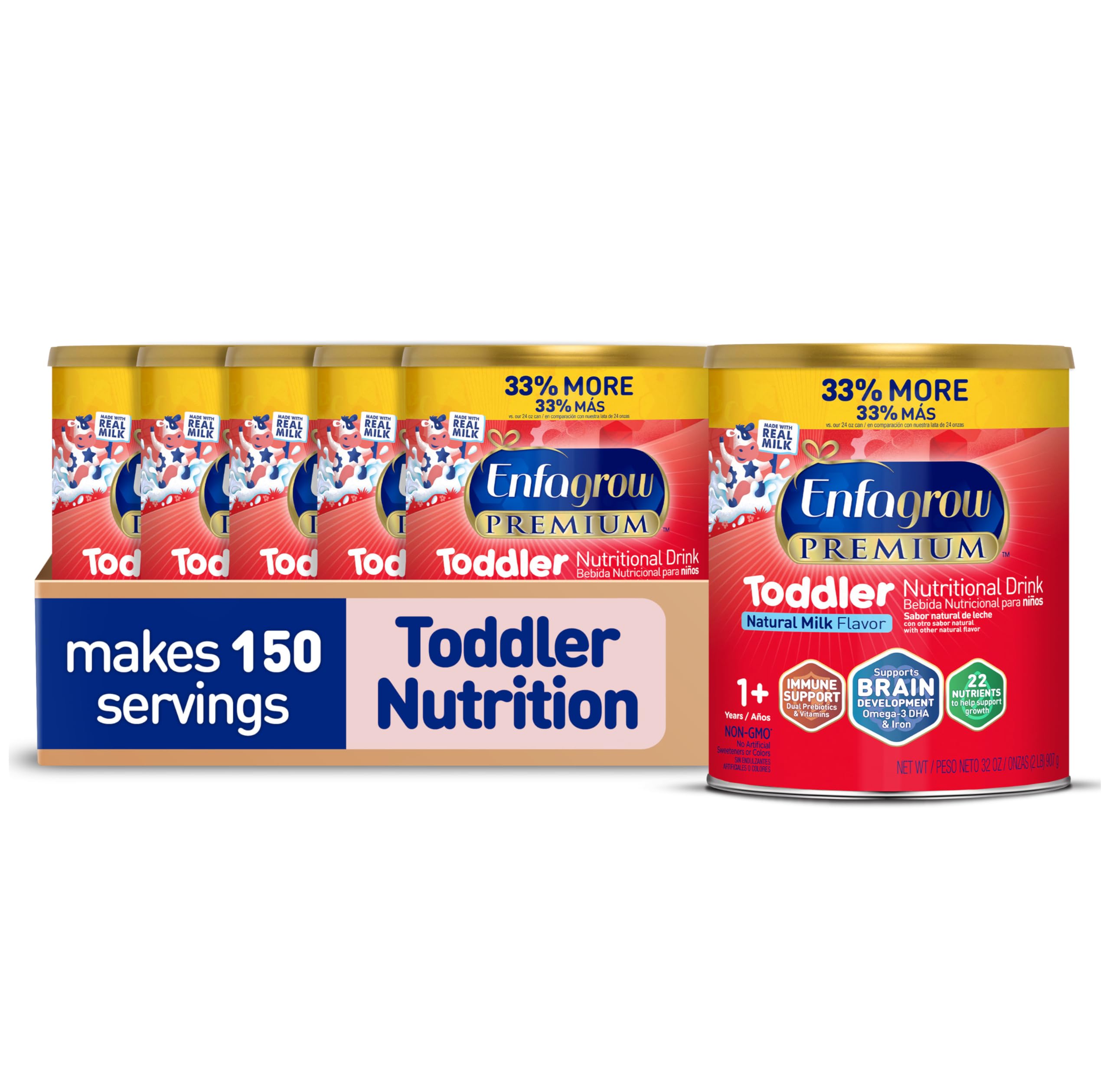 Enfagrow PREMIUM Toddler Nutritional Drink Powder with Real Milk, Omega-3 DHA for Brain Development, Prebiotics for Immune Support - Non-GMO Baby Formula (32 Oz Can, Pack of 6) - Ideal for Growing Toddlers' Daily Nutrition & Immune Health