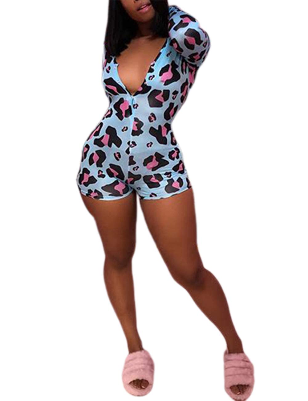 Deep V Neck Long Sleeve Bodysuit Jumpsuit - Women's Sexy One Piece Pajama Romper with Shorts | Perfect for Sleepwear, Loungewear & Casual Outfits