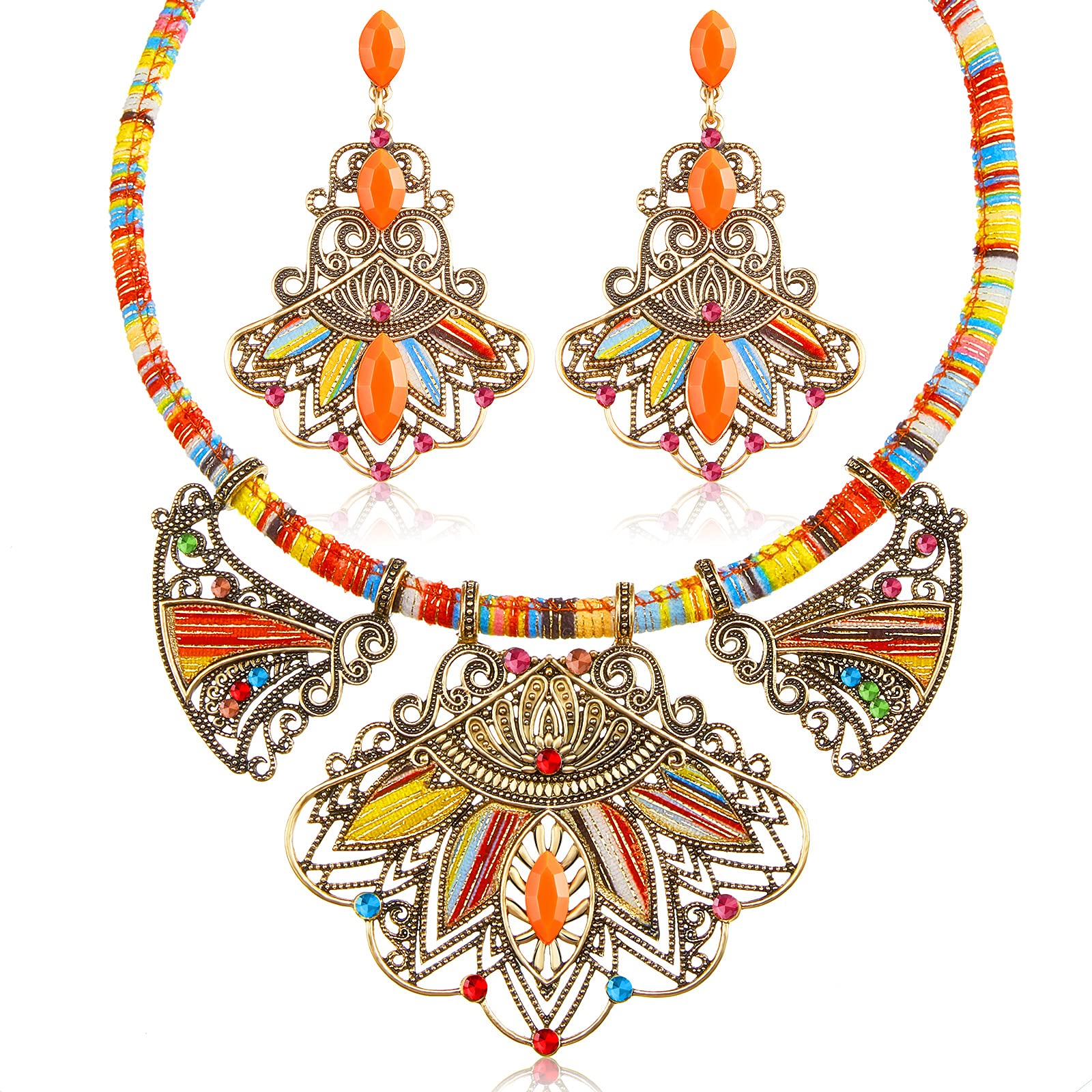 Bohemian Jewelry Set for Women - Vintage Chunky Necklace & Boho Dangle Earrings - Colorful Ethnic Style Choker & Retro Earring Set - Perfect for Festivals, Parties and Boho Fashion Outfits