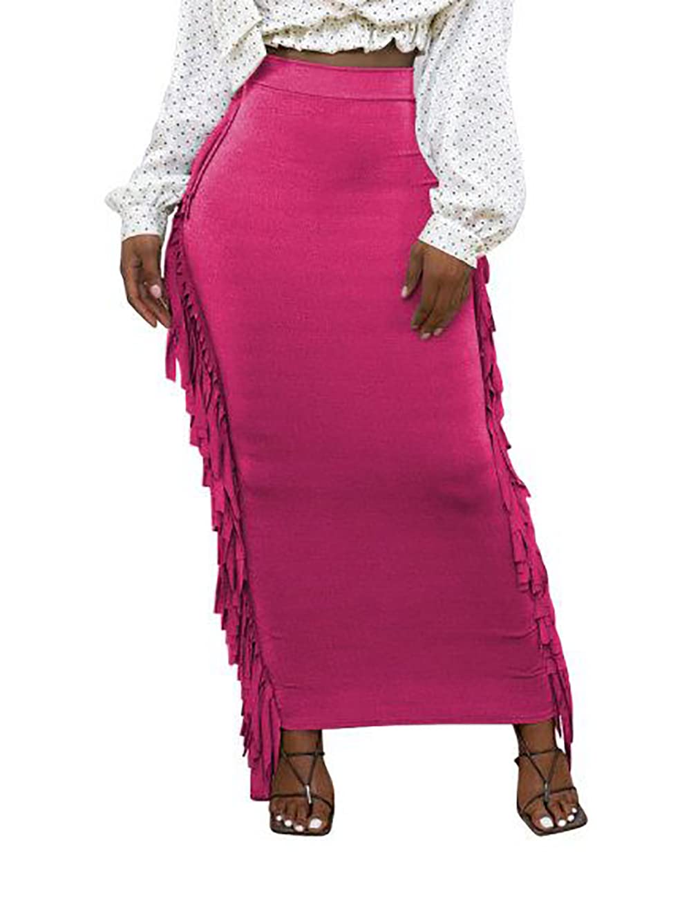Lrady Women's Stretchy Elastic Waist Slim Fit Bodycon Long Maxi Pencil Skirt with Side Tassels - Perfect for Office, Party & Evening Wear