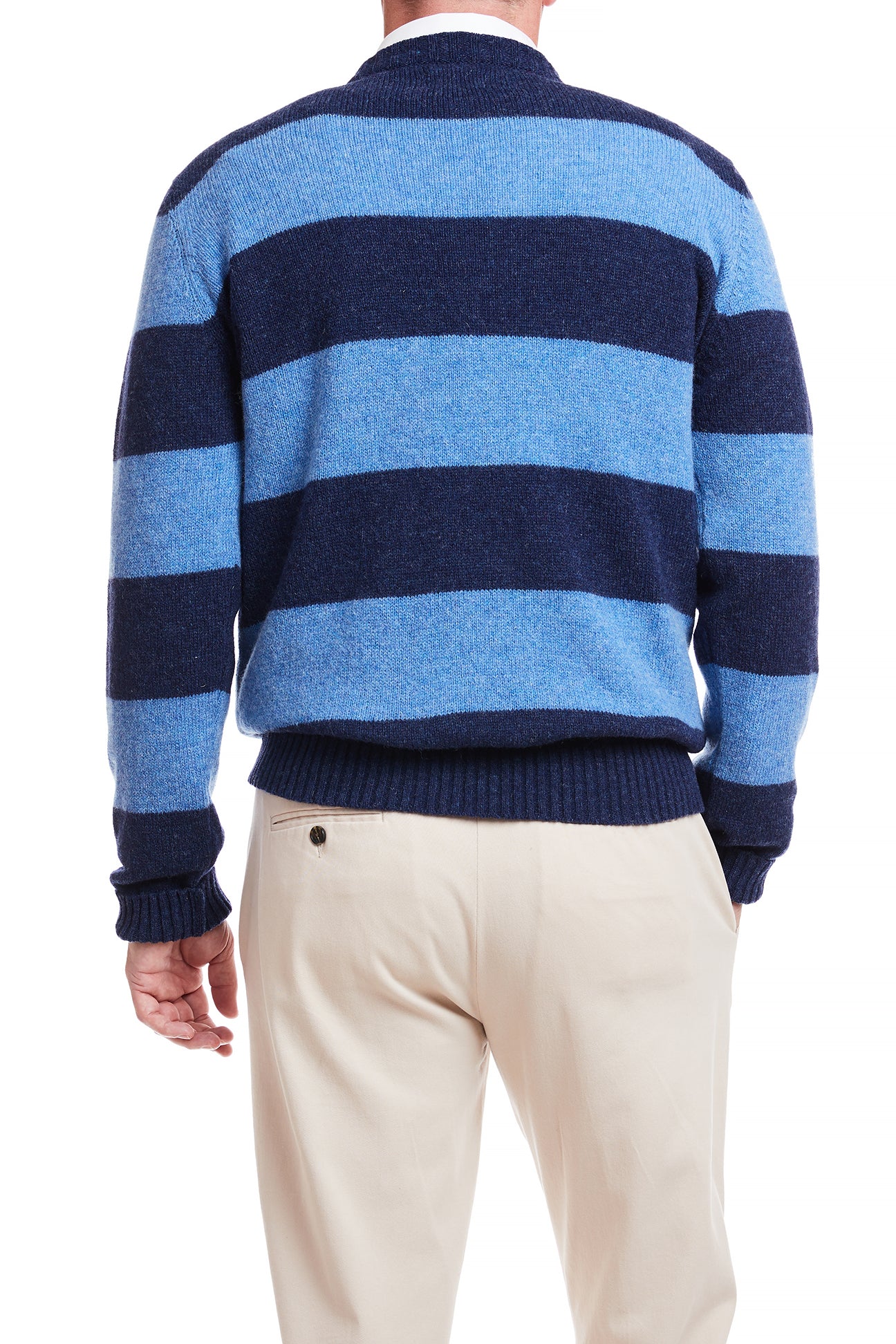 Shetland Crewneck Sweater for Men & Women - Navy & Denim Striped Knit Pullover - Cozy Winter Wear for Casual Outfits & Office Style