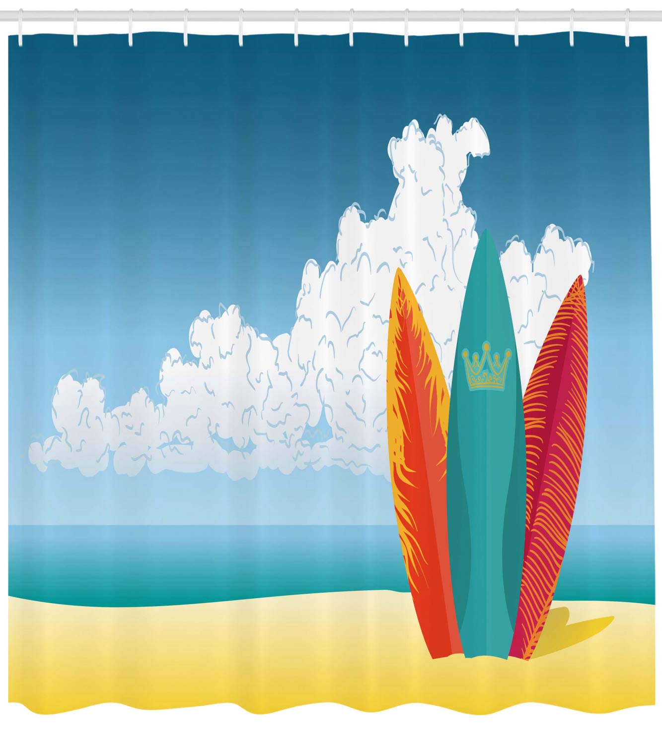 Ambesonne Graphic Beach Shower Curtain - Water Sports Design with Surfboards, Sandy Shore & Ocean Waves Print - 105 Inch Extra Wide Bathroom Decor for Coastal & Nautical Themes - Perfect for Beach House, Vacation Rental or Summer Bathroom Makeover