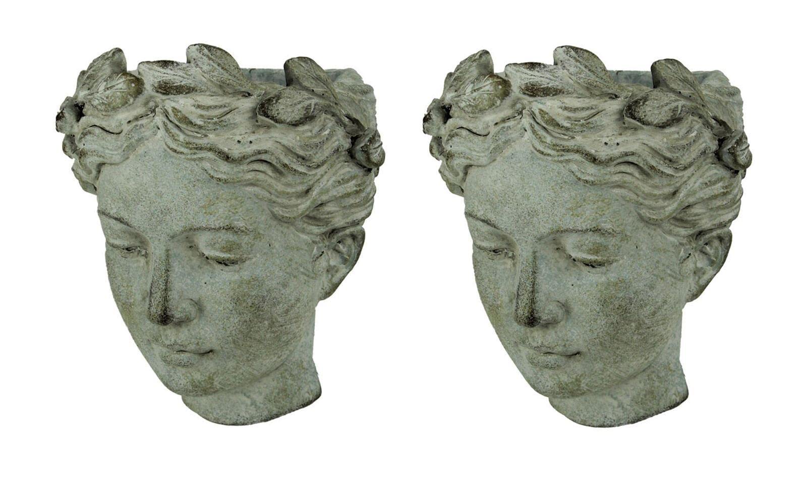Distressed Cement Greek Lady Head Hanging Planters Set - Indoor/Outdoor Wall Planter with Plant Holder Basket for Home Garden Patio Decor