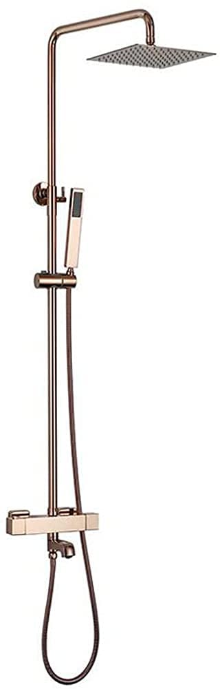Luxury Rose Gold Thermostatic Wall Mounted Shower Set - 10 Inch Rainfall Shower Head & Hand Shower - Brass Bathroom Mixer Tap with Diverter - Perfect for Modern Spa-Like Bathroom Experience