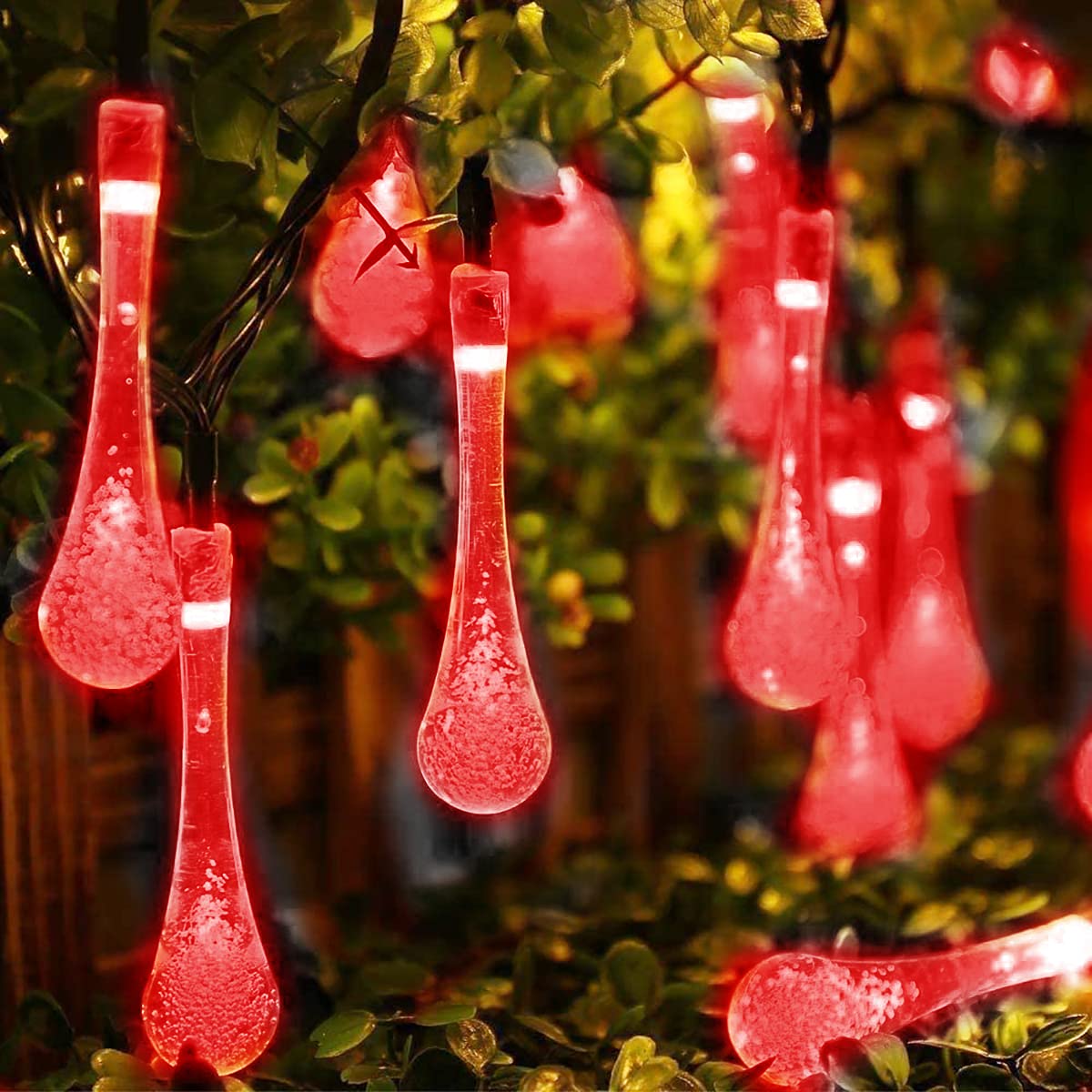 WONFAST 20ft 30LED Solar Outdoor String Lights - Waterproof Crystal Water Drop Fairy Lights for Garden, Patio, Wedding & Christmas Decor (Red) | Perfect for Backyard, Party, Holiday & Outdoor Lighting