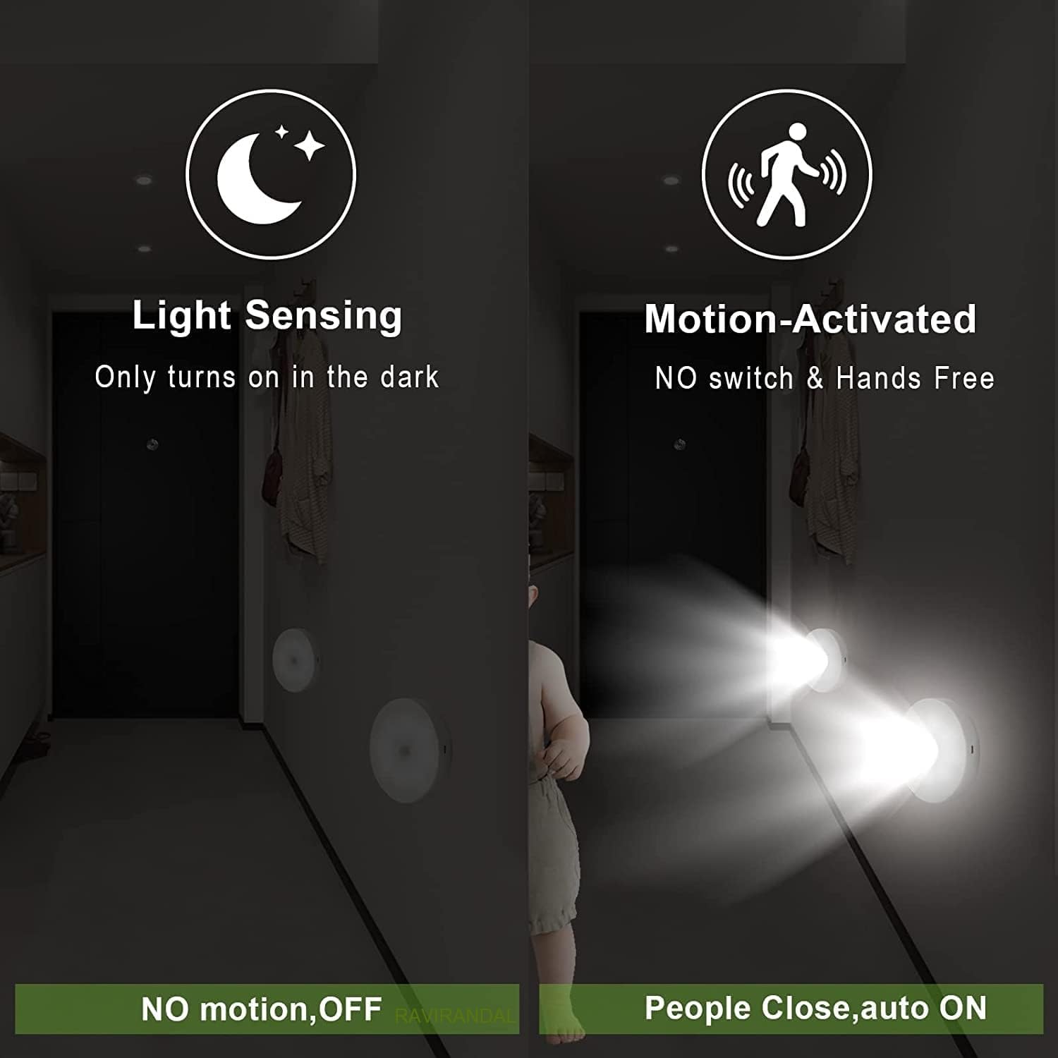 RAVIRANDAL Wireless Motion Sensor Light with USB Charging - Self Adhesive LED Magnetic Night Light for Home, Closet, Stairs & Hallway - Rechargeable Motion Activated Lighting (1 Pack)