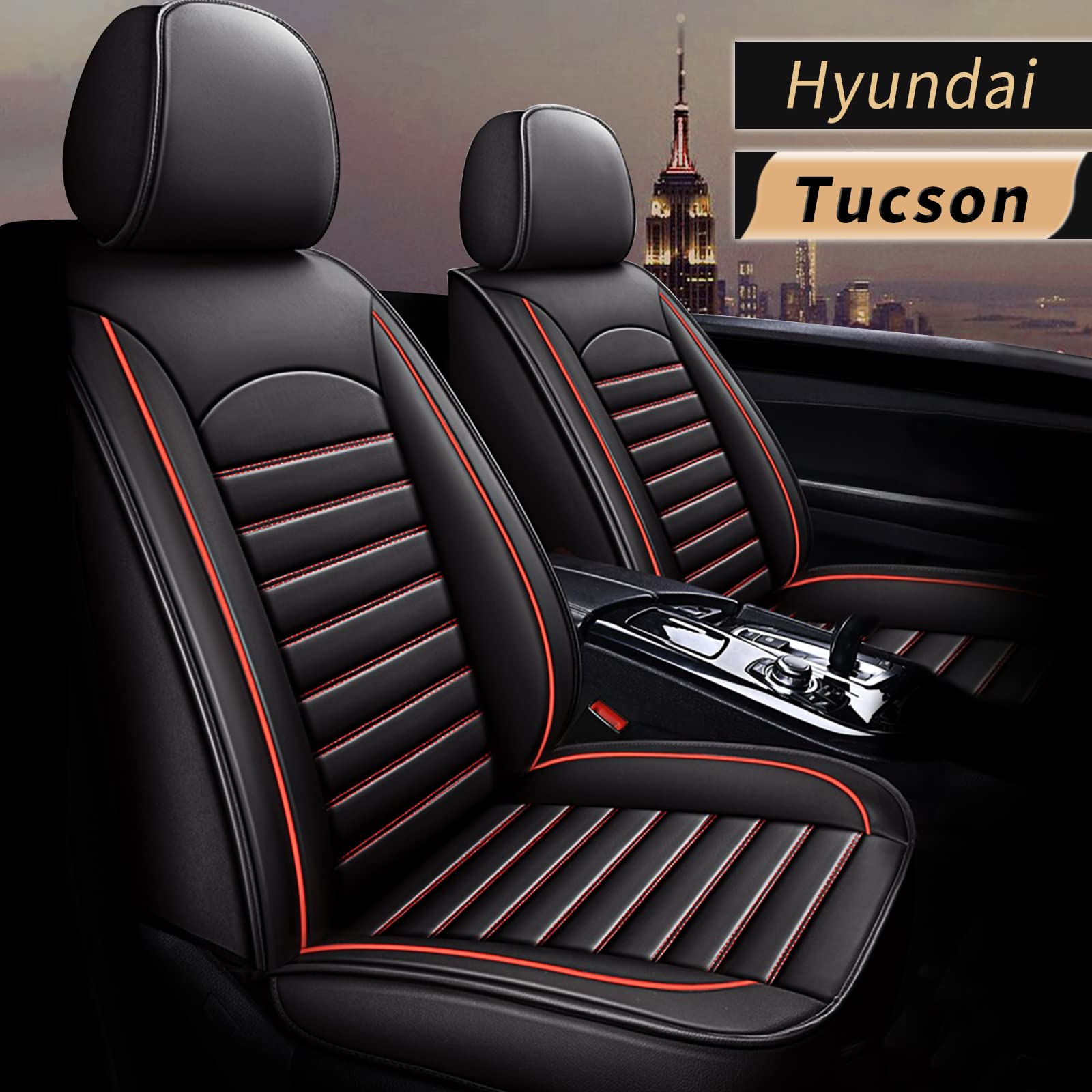 IKABEVEM Universal Car Seat Covers - Premium Faux Leather 5-Piece Set with Airbag Compatibility & Waterproof Protection (Red Line) | Perfect for Hyundai Tucson 2005-2022 Models | Ideal for Daily Commute, Road Trips and Family Protection