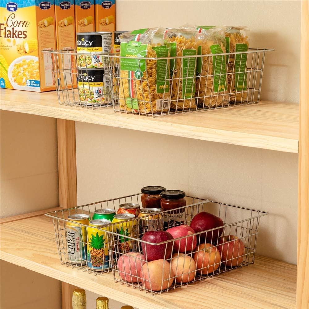 SANNO Large Metal Wire Freezer Baskets for Storage - 2 Pack Chrome Organizer Bins with Handles for Kitchen, Pantry, Bathroom & Garage | Perfect for Food Storage, Laundry Organization & Closet Shelving