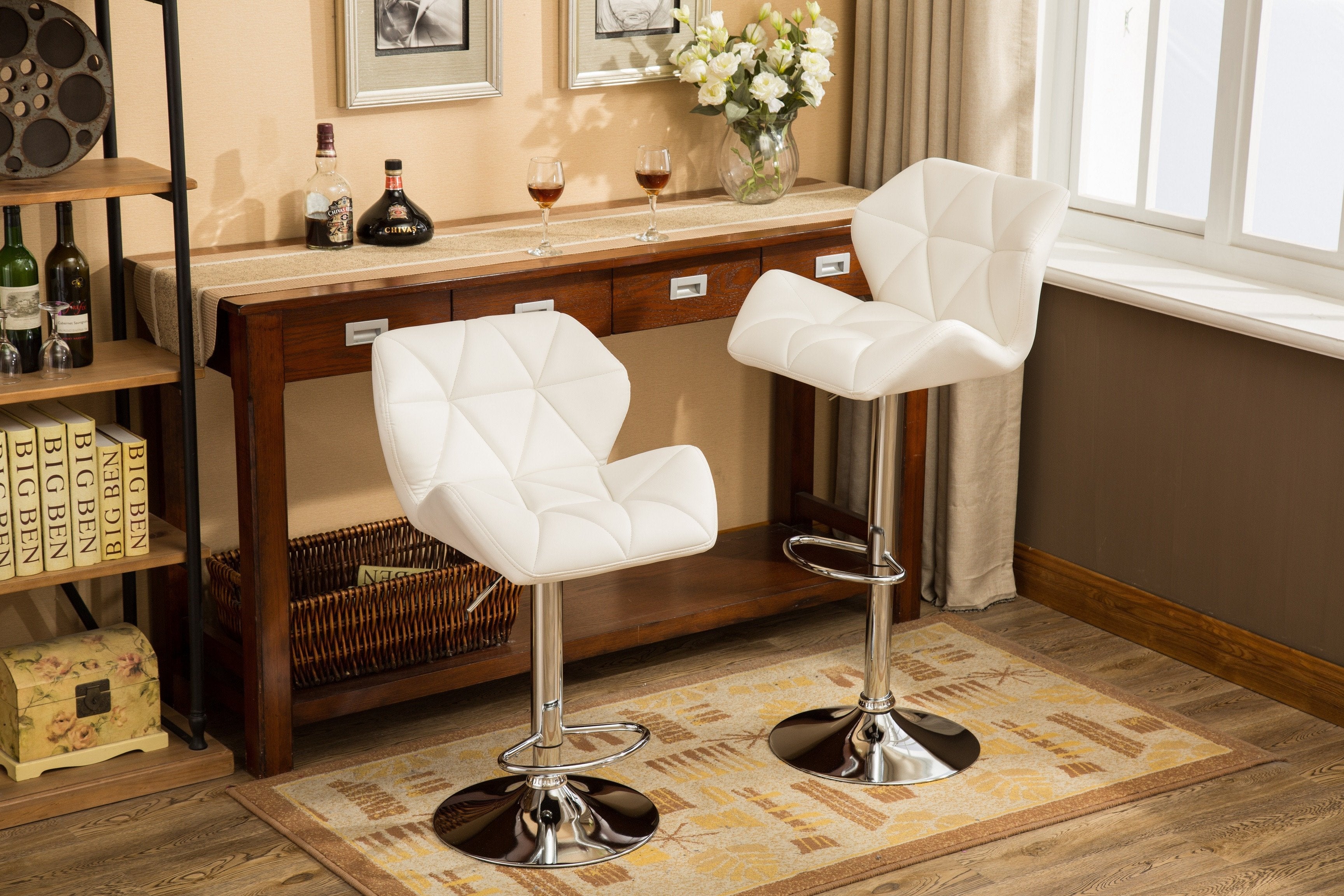 Roundhill Furniture Glasgow Contemporary Tufted Adjustable Height Hydraulic Bar Stools, White, Set of 2 - Perfect for Kitchen Island, Home Bar & Modern Dining Room Decor