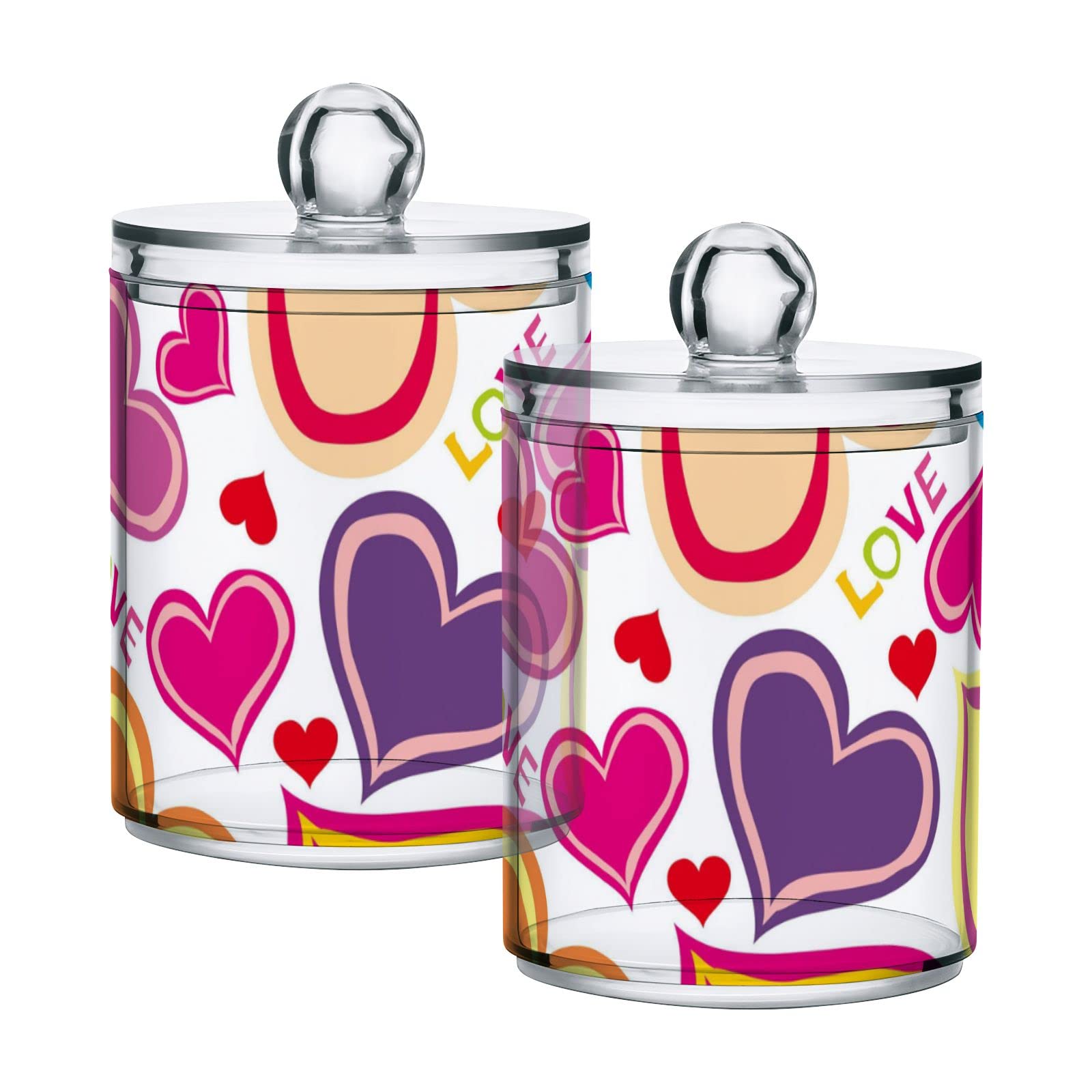 Valentine's Day Heart-Print Plastic Storage Jars with Lids - Set of 4 Translucent 10oz Food Containers for Cotton Swabs, Tea, Cookies & Dry Goods | Airtight Kitchen & Bathroom Organization Solution