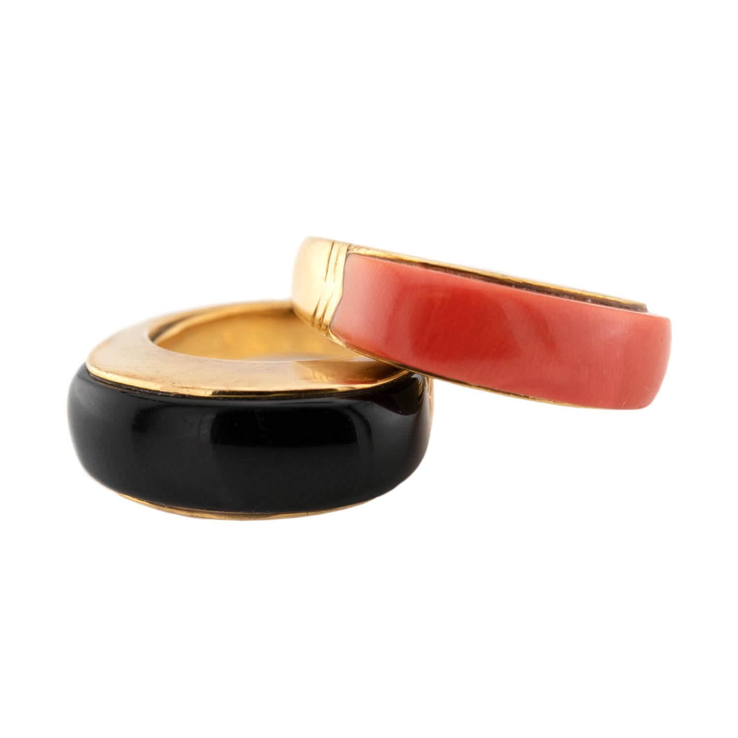 18K Gold Coral and Onyx Vintage Ring Set - Elegant Estate Jewelry for Women, Perfect for Weddings, Anniversaries & Special Occasions
