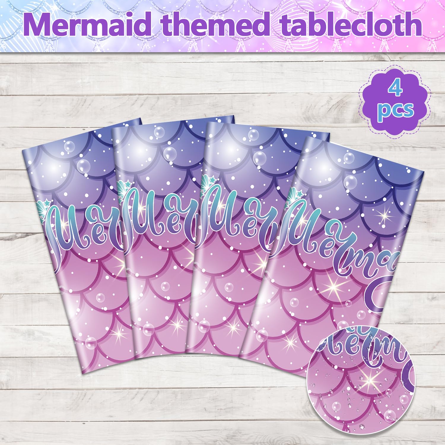 4 Pcs Mermaid Tablecloths - 51x86 Inch Disposable Rectangular Mermaid Table Covers for Under the Sea Party Decorations, Baby Shower, Birthday & Mermaid Themed Events - Perfect for Ocean Themed Parties, Beach Decor & Kids Birthday Celebrations