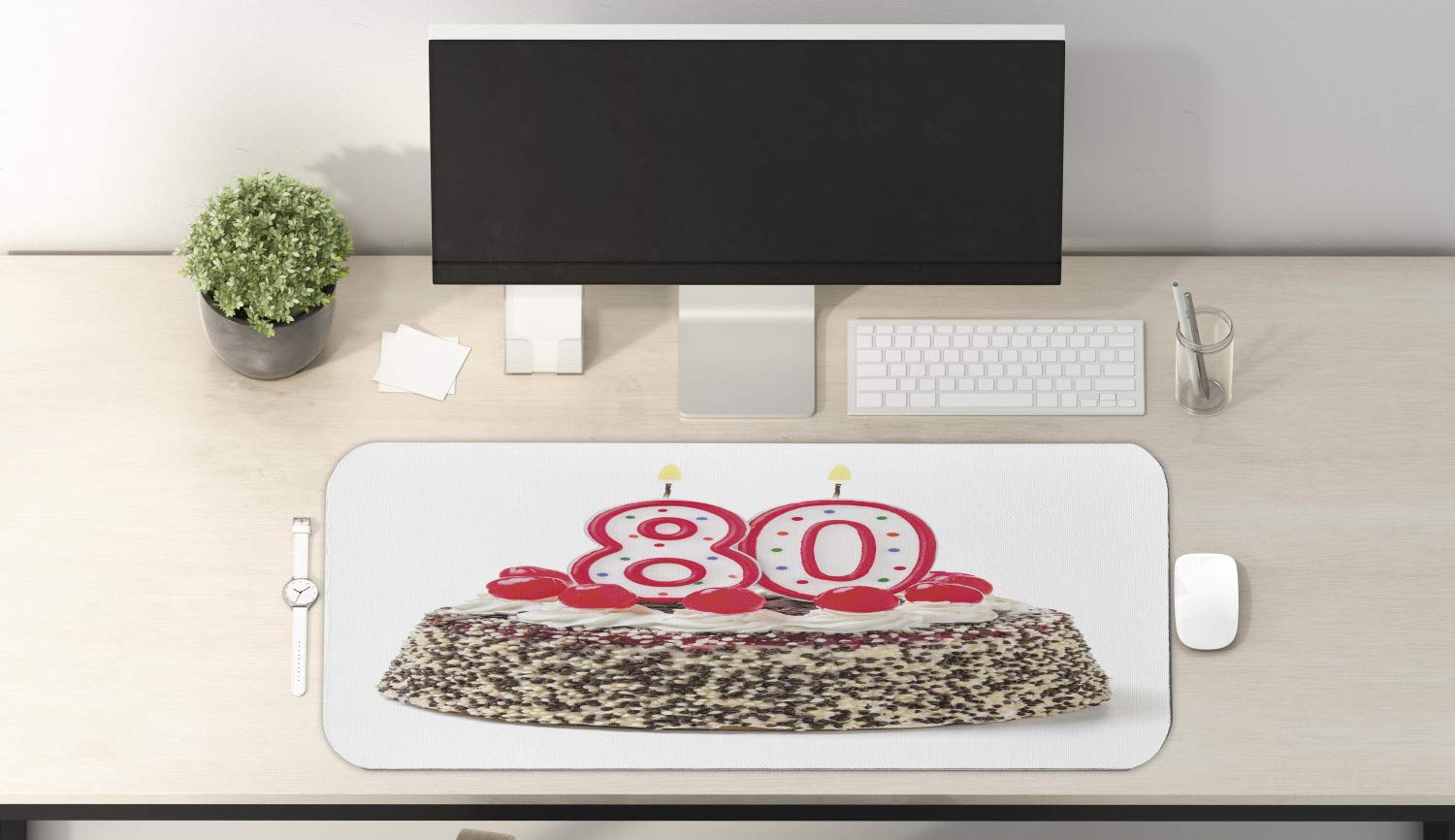 Ambesonne 80th Birthday Party Mouse Pad - Non-Slip Rubber Gaming Mousepad with Cake, Cherries & Candles Design, 31