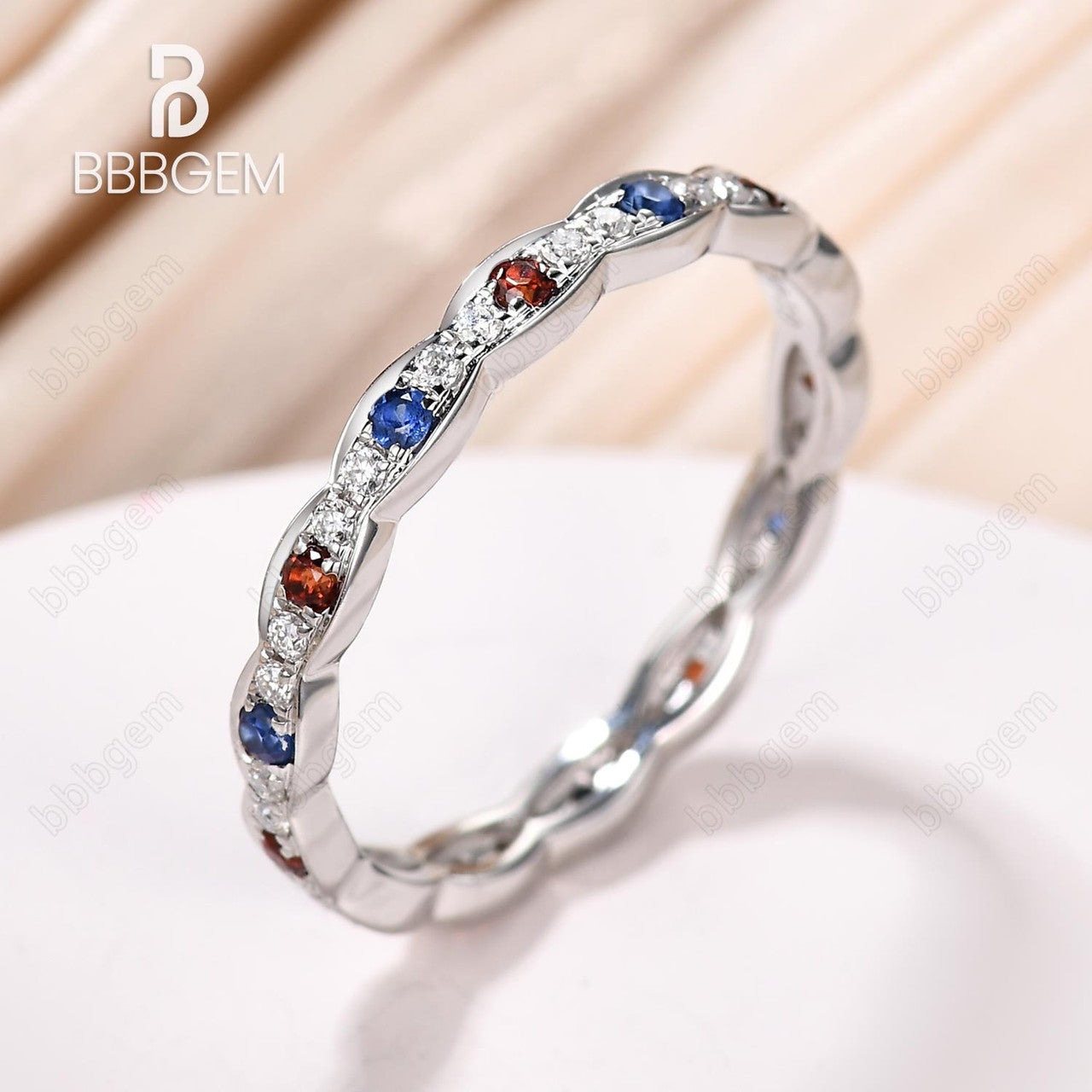 Platinum Garnet Sapphire Moissanite Diamond Eternity Stackable Wedding Band Set - Anniversary & Birthday Gift for Women, Perfect for Valentine's Day, Proposal, or Bridal Jewelry