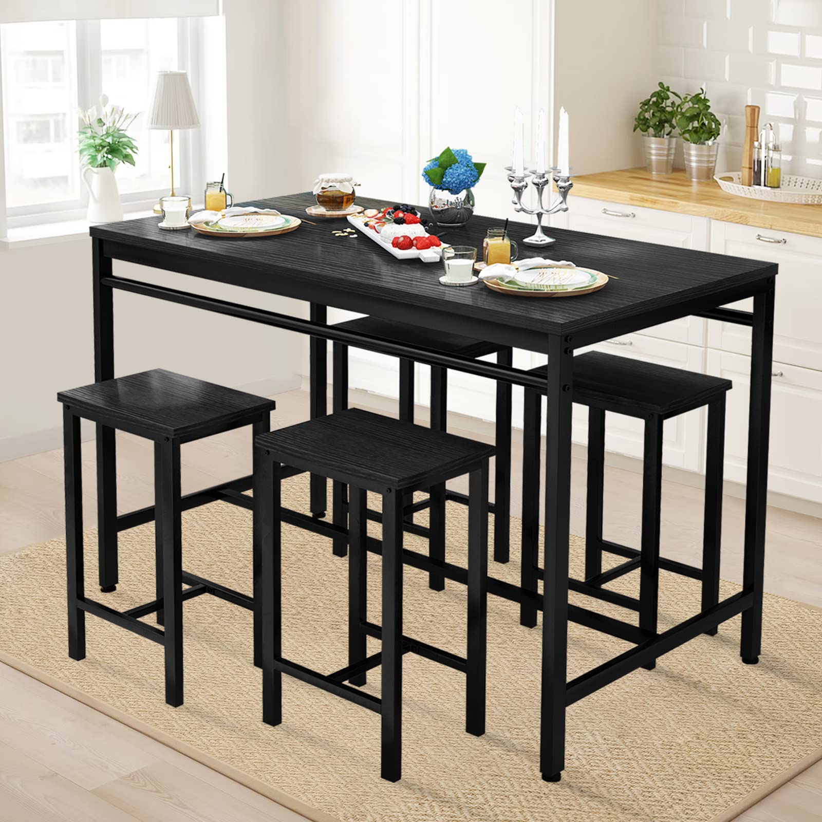 DKLGG 5-Piece Wooden Dining Table Set for 4 - Small Kitchen Table with 4 Stools, Compact Bar Height Dining Room Set for Small Spaces | Perfect for Breakfast Nooks, Studio Apartments & Cozy Kitchens