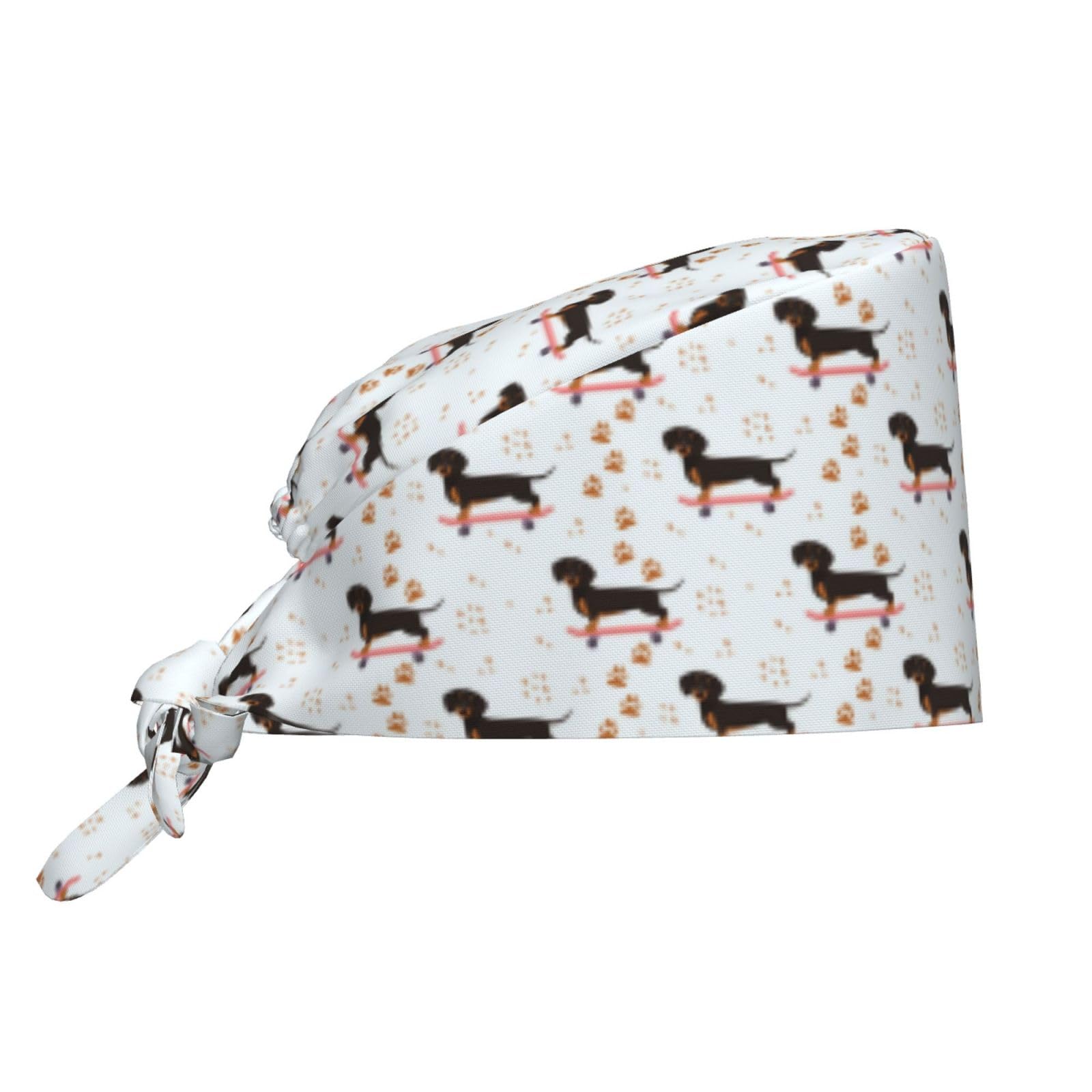 Stylish Dachshund on Skateboard Scrub Caps for Women & Men - Black Surgical Nurse & Dental Hats with Ponytail Hole - Perfect for Hospitals, Clinics & Medical Professionals