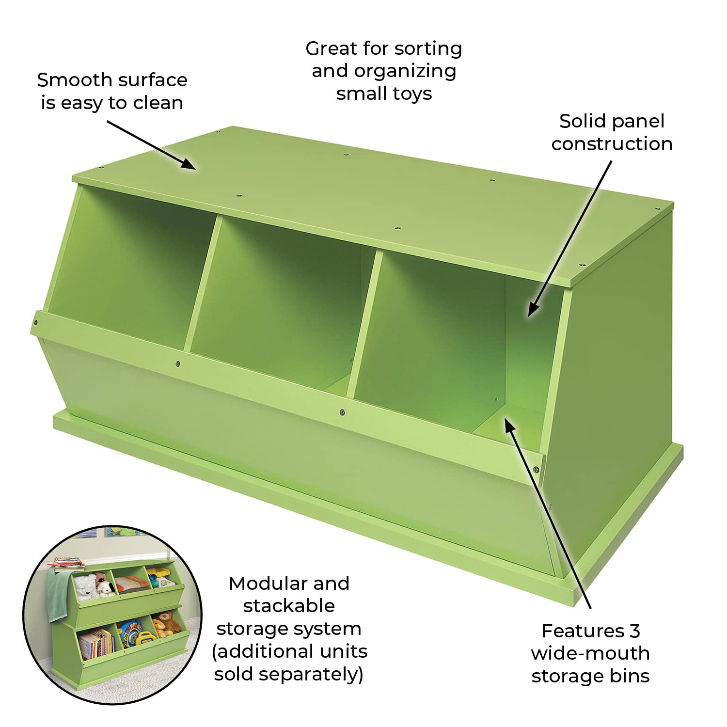 Badger Basket 3-Bin Stackable Toy Storage Organizer with Sage Finish - Perfect for Kids' Room, Playroom & Nursery Organization