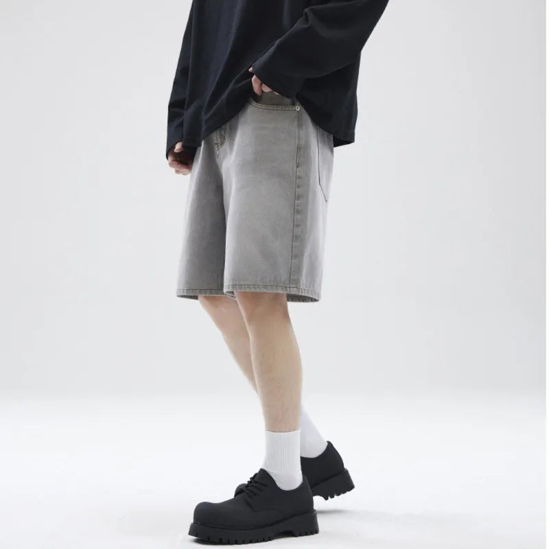 2025 Trendy American Fashion Men's Denim Shorts - Solid Color Summer Loose Straight Leg 5/4 Length Casual Pants (Style 9W1348) | Perfect for Beach Outings, Streetwear & Summer Vacations