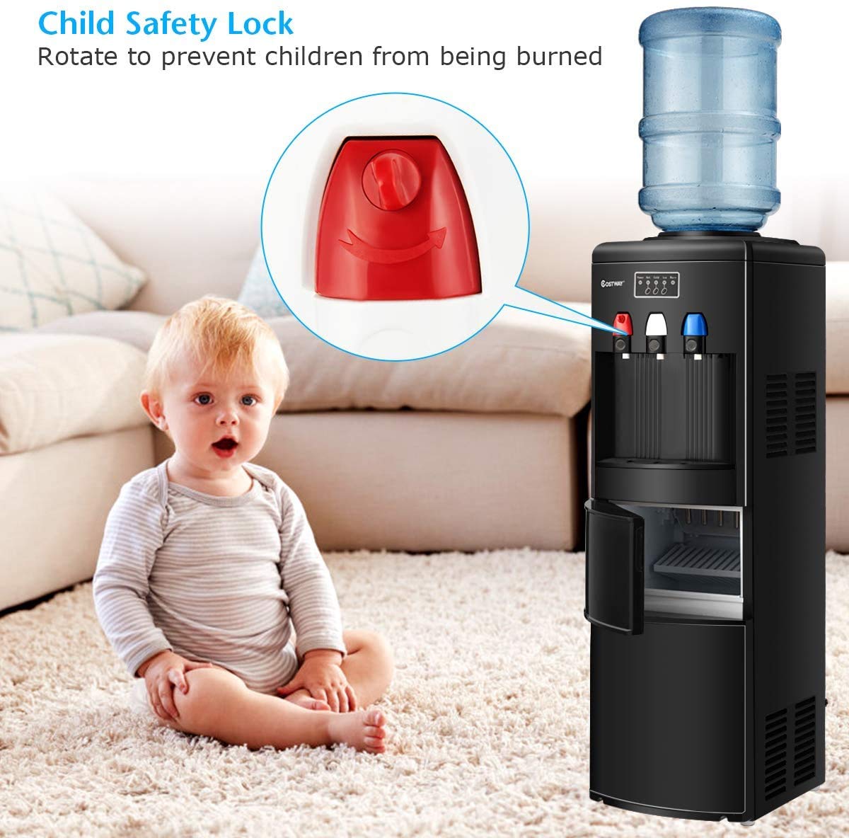 Nightcore 2-in-1 Freestanding Electric Water Cooler Dispenser with Built-in Ice Maker - 27LB/24H Ice Production, Hot & Cold Top Loading Design, Child Safety Lock - Perfect for Home, Office, or Kitchen Use (Black)