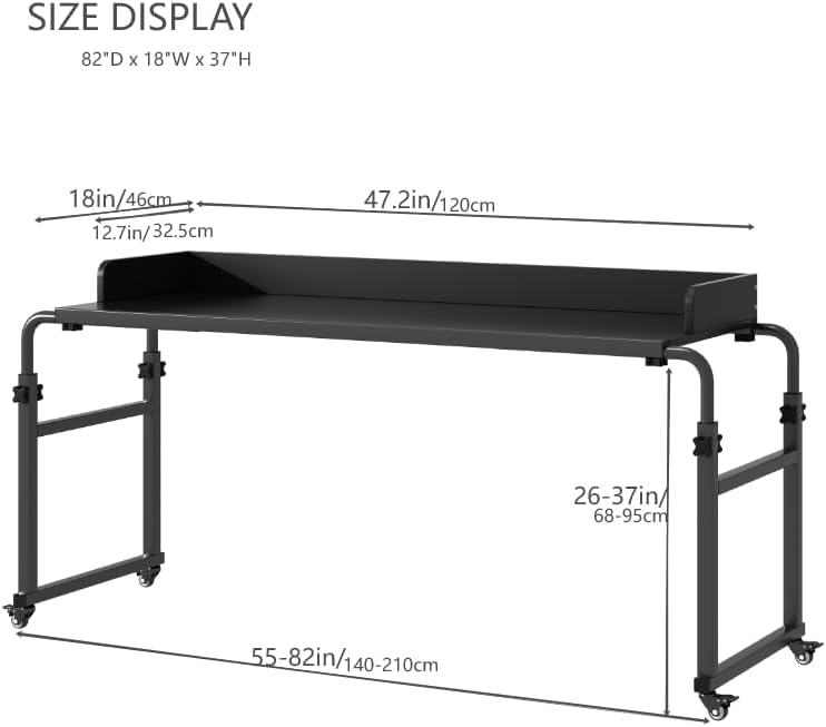 Adjustable Height Overbed Table with Wheels - Heavy Duty Metal Leg Laptop Desk for Bed, Recliner, or Sofa - Perfect for Working, Eating, or Reading in Bed (Black) - Fits Queen & King Size Beds