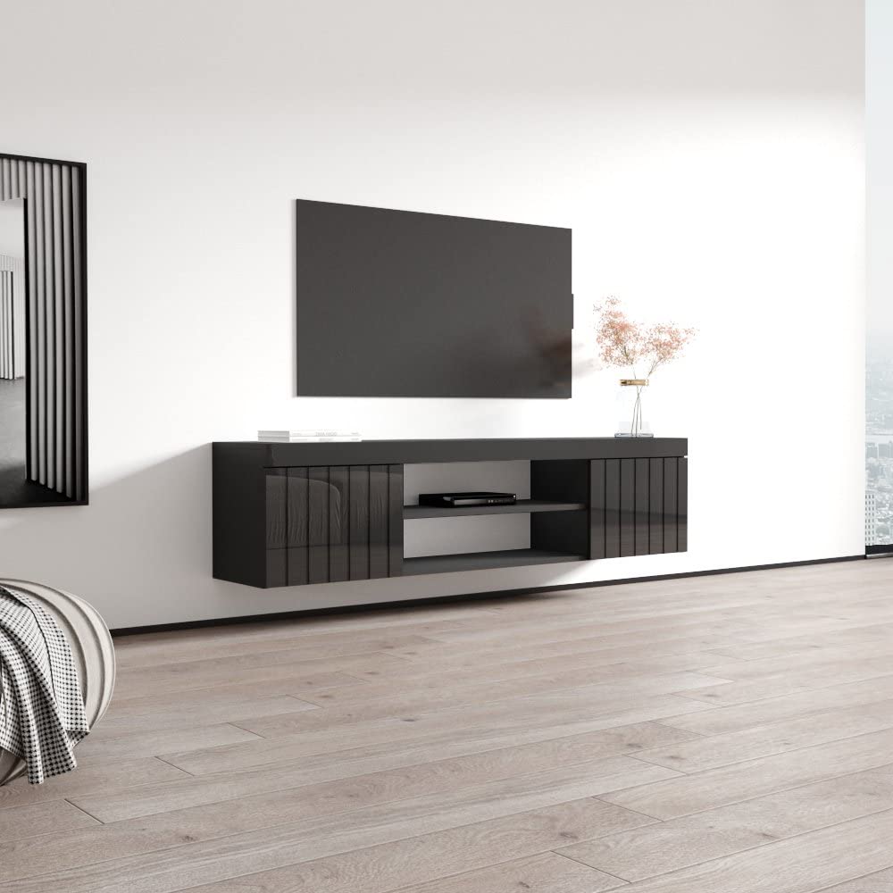 Modern Floating TV Stand with Storage Cabinets - Freestanding Rectangular Media Console for Living Room - Entertainment Center Holds TVs Up to 80