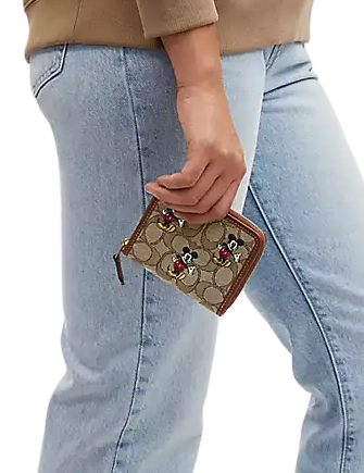 Coach Disney X Coach Small Zip Around Wallet - Signature Jacquard with Mickey Mouse Print - Perfect for Disney Fans, Everyday Use & Gift Giving