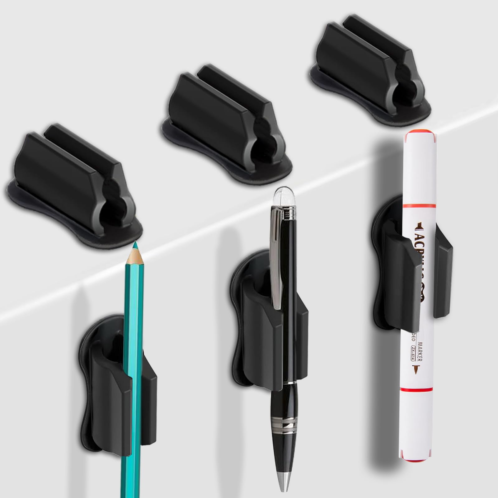 6-Pack Black Silicone Sticky Pen Holders for Wall & Desk - Adhesive Pencil, Marker & Stylus Organizer for Office, Clipboard & Workspace - Perfect for Home, School & Office Organization