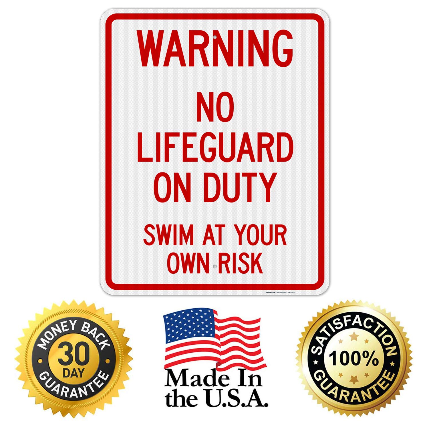 No Lifeguard On Duty Sign - 24x30 Inches Reflective Aluminum Pool Safety Sign (SI-6702) | 3M EGP Fade-Resistant for Indoor & Outdoor Use | Made in USA | Perfect for Swimming Pools, Water Parks & Beach Safety
