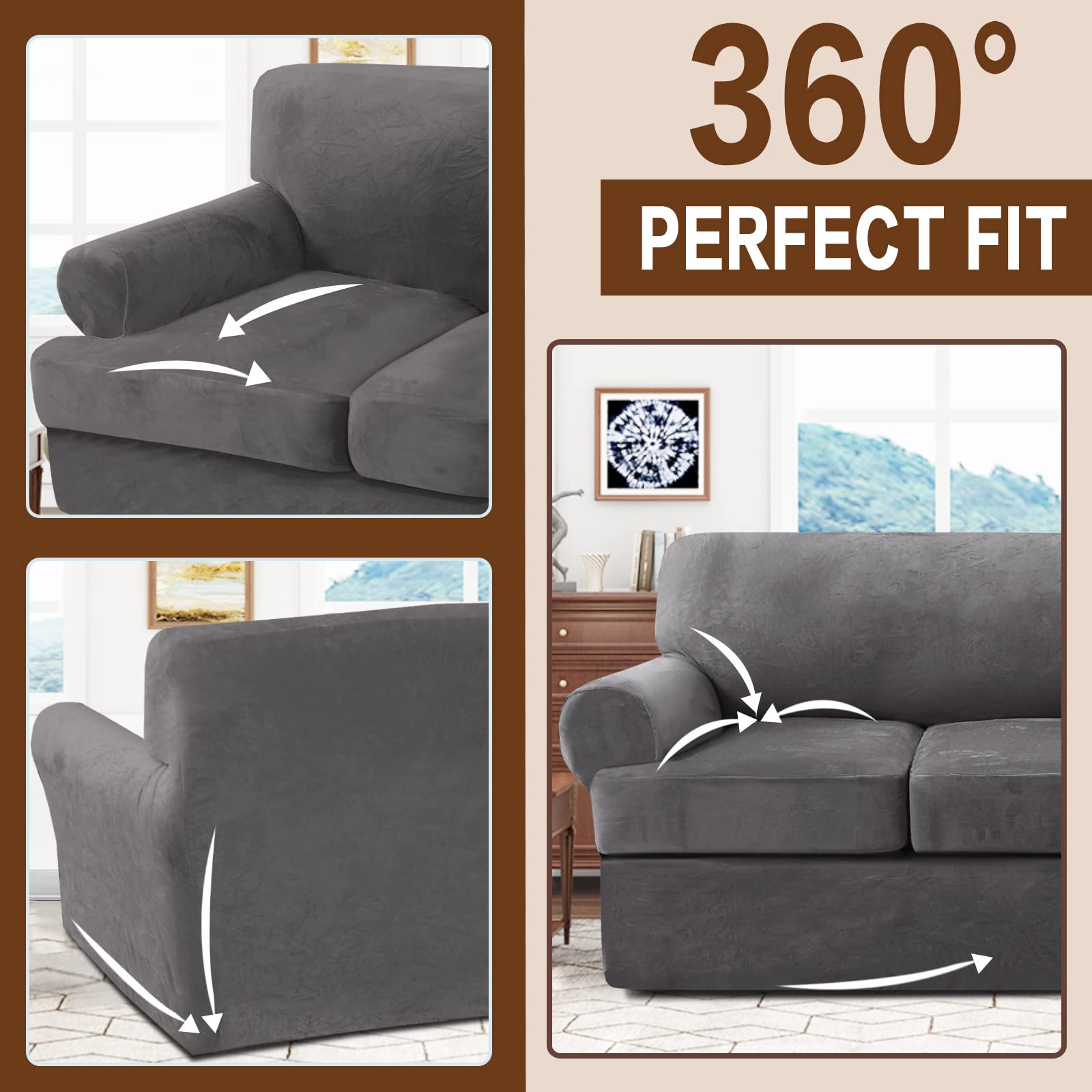 Velvet T-Cushion Sofa Slipcover Set - 4-Piece Soft Couch Cover with 3 Individual T-Shaped Seat Covers - Furniture Protector for Living Room (Grey) - Perfect for Sectional Sofas, Home Decor & Pet Protection