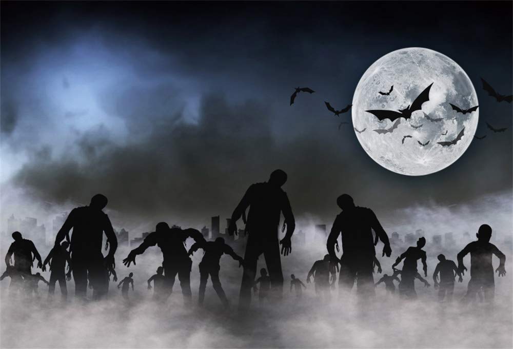 AOFOTO 10x7ft Halloween Photography Backdrop - Zombies, Crows, Full Moon, Bats & Misty Clouds for Party, Role Play & Portrait Studio Props (Vinyl) | Perfect for Halloween Decor, Themed Parties & Spooky Photo Shoots