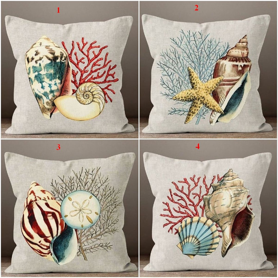 Coastal Conch Seashell Pillow Covers Set of 4 - 18x18 Inch Decorative Throw Pillow Covers for Beach House Decor, Boho Living Room & Coastal Bedroom